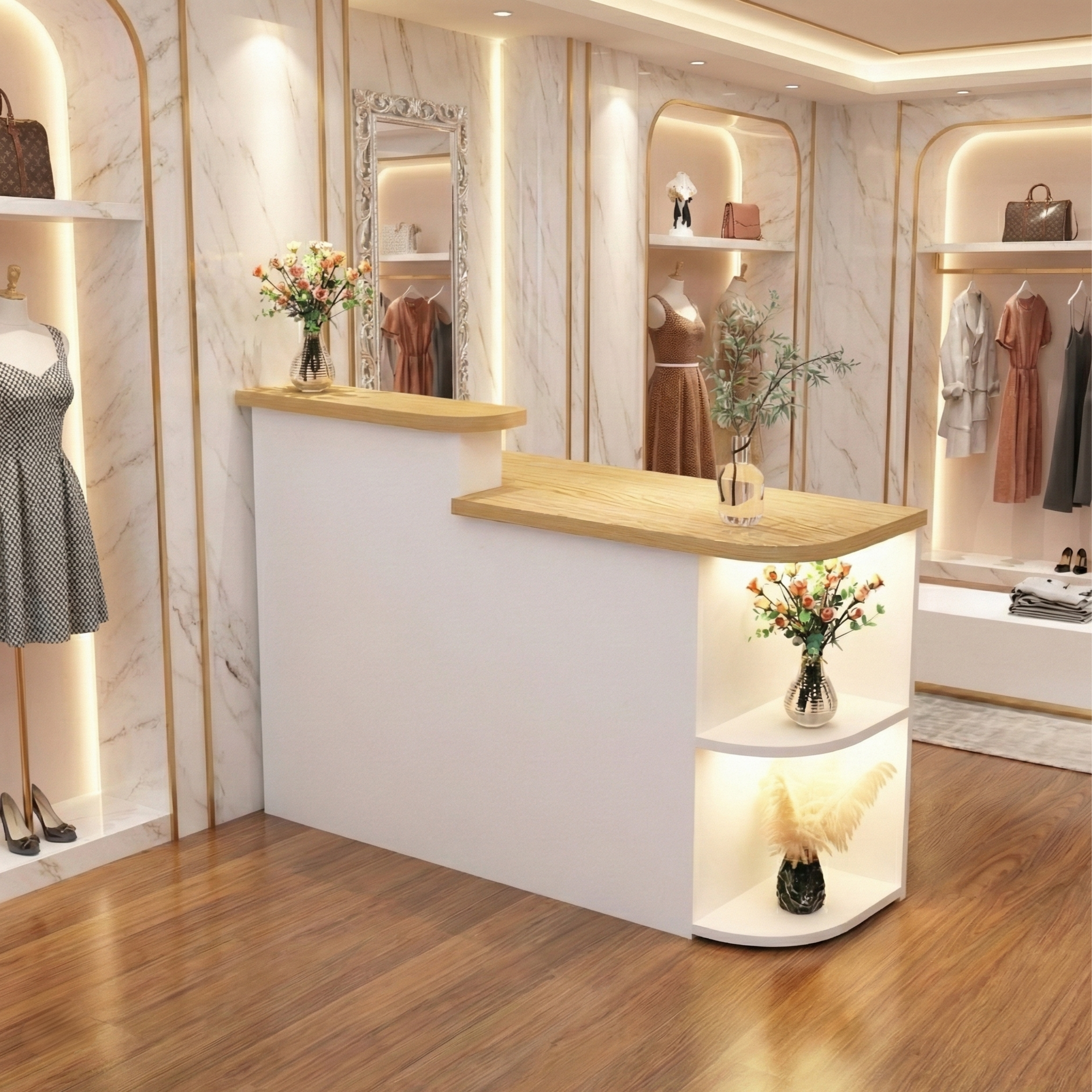 Simple Clothing Store Natural + White Reception Desk With LED Spotlight