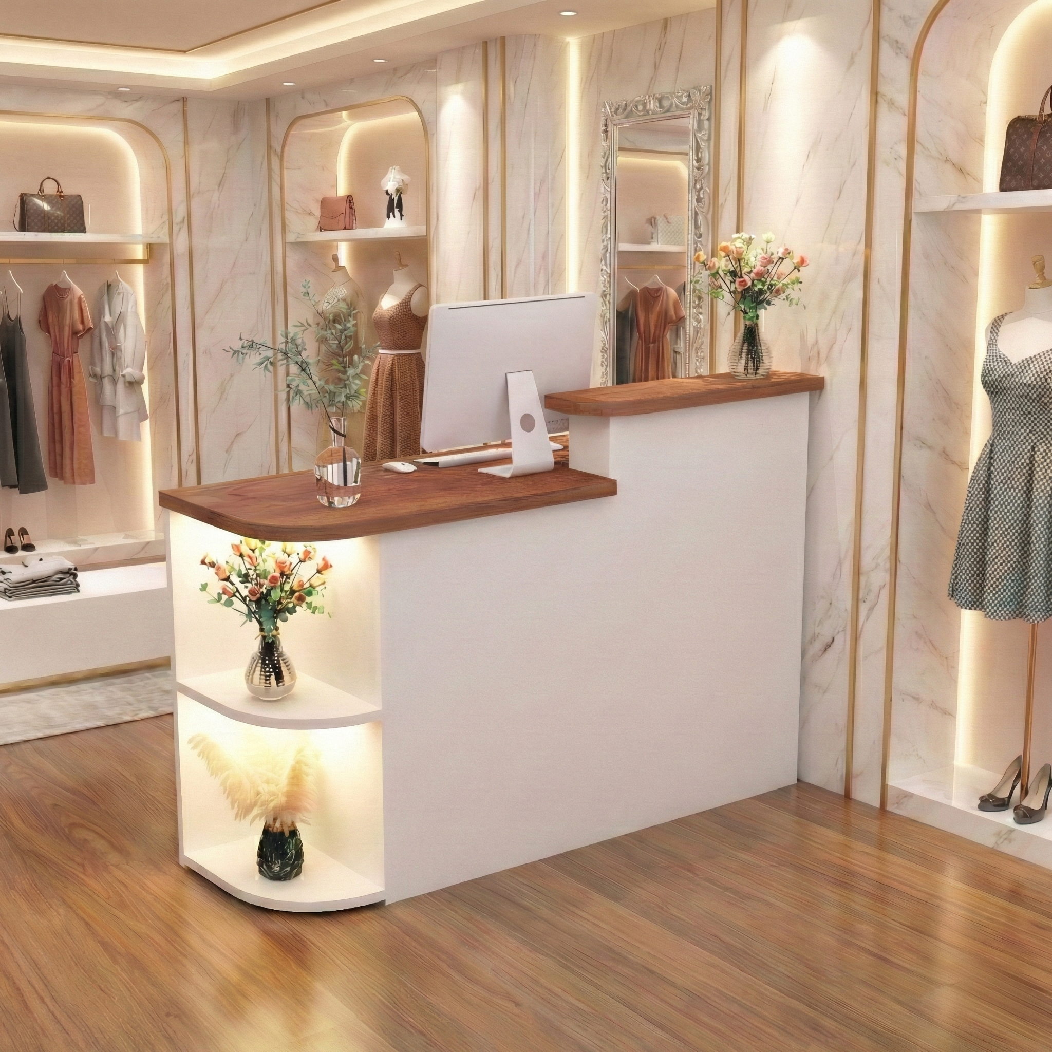 Simple Clothing Store White + Brown Reception Desk With LED Spotlight