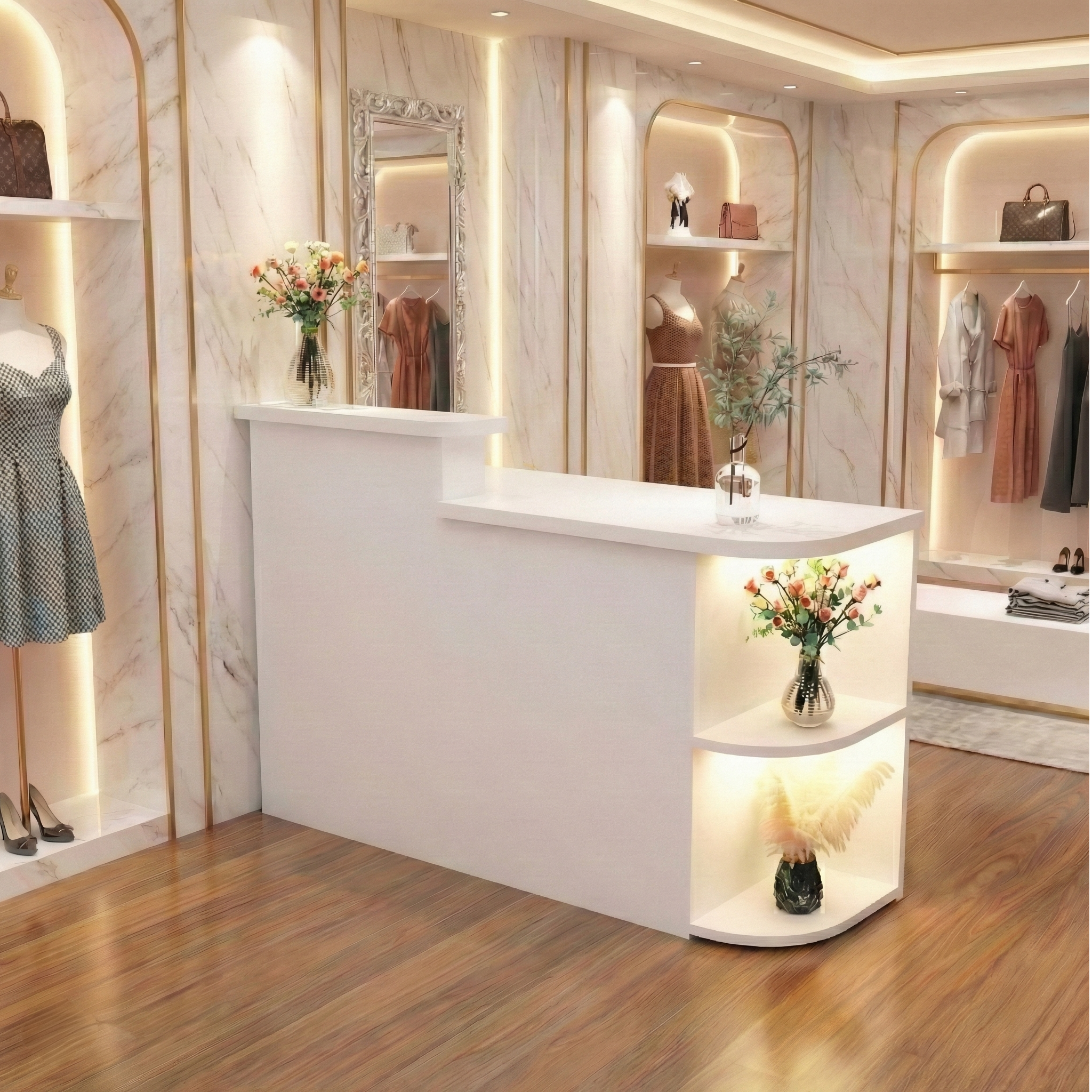 Simple Clothing Store White Reception Desk With LED Spotlight