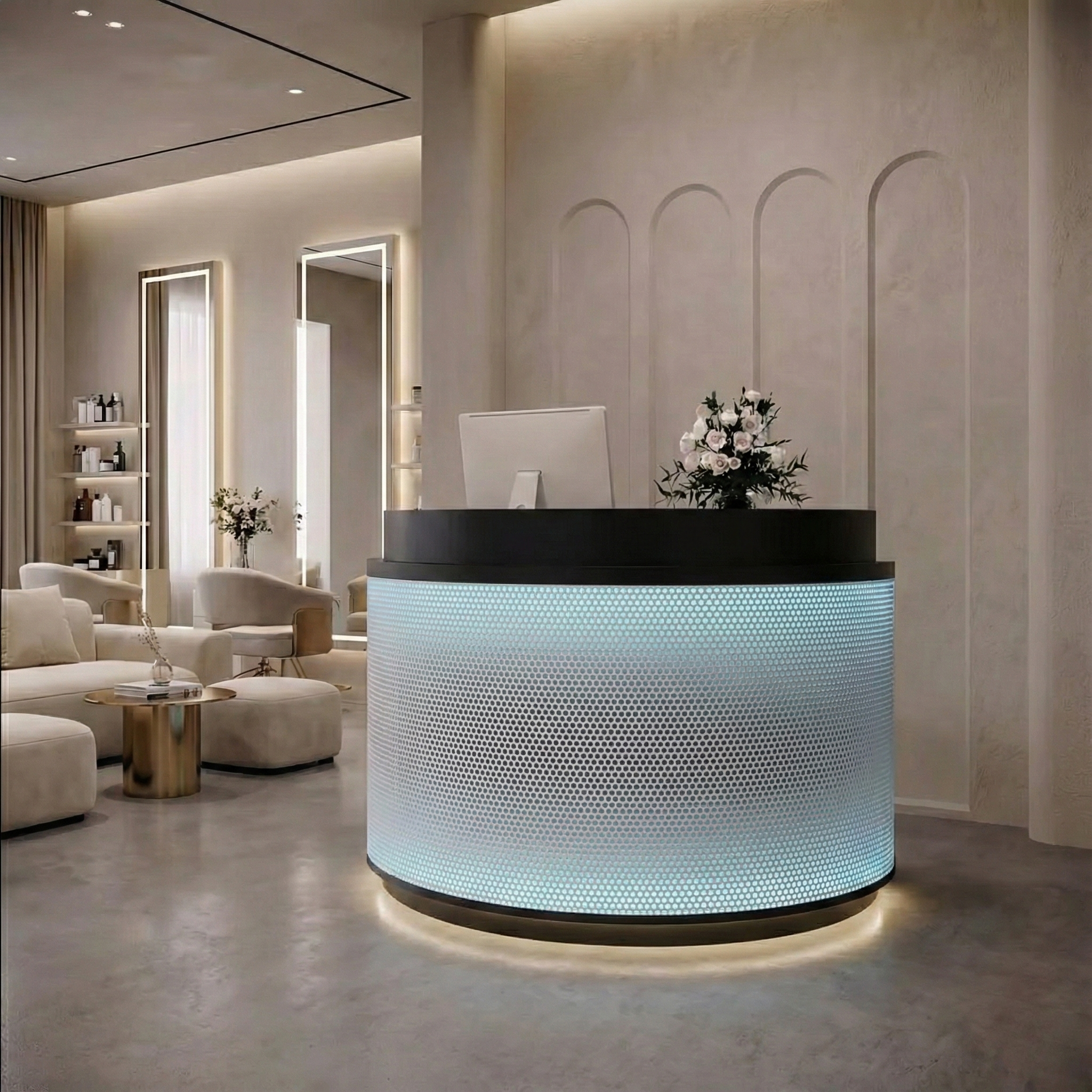 Simple Curved Fully Assembled Black + Blue light Cashier and Reception Desk for Stores