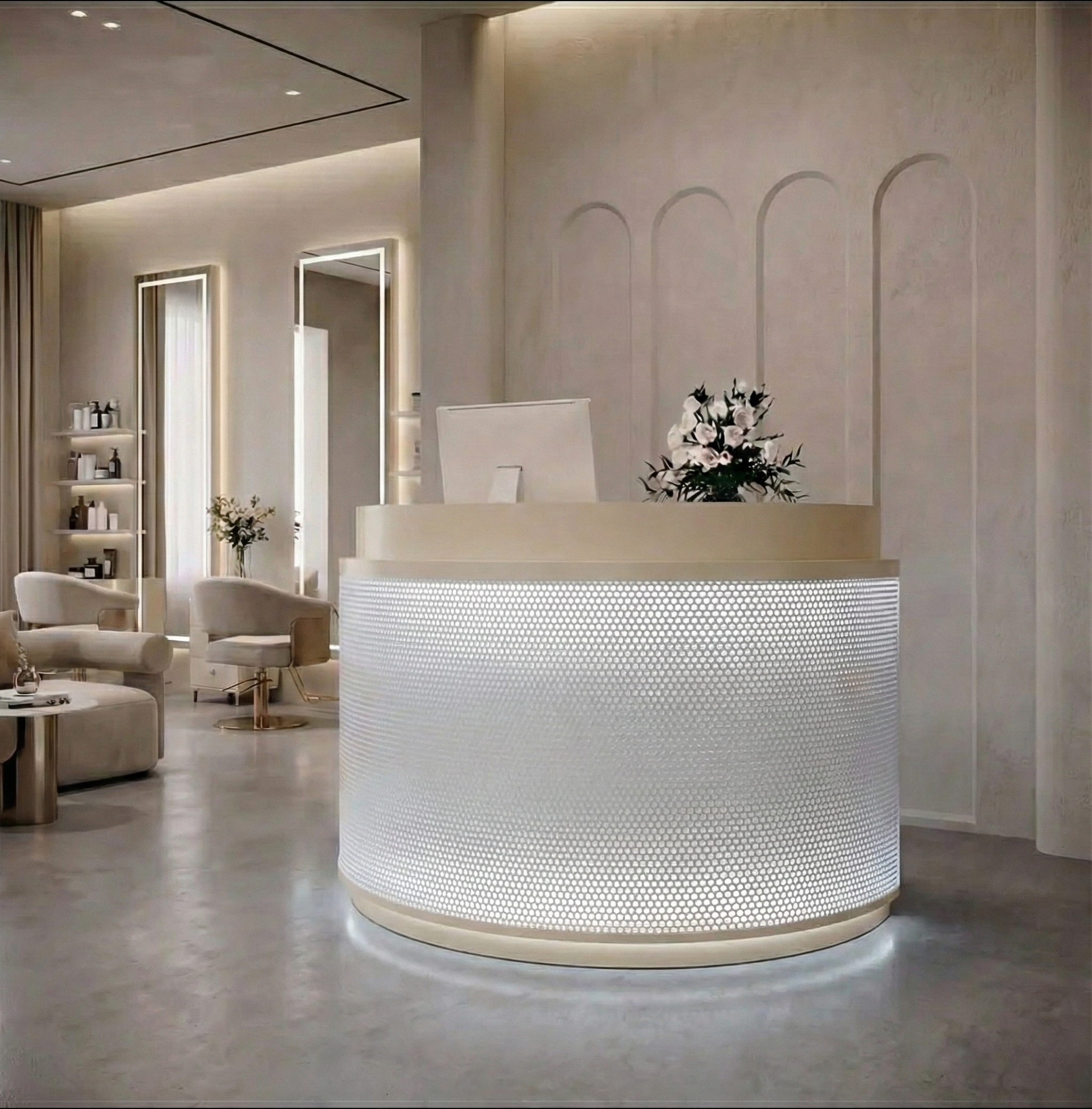 Simple Curved Fully Assembled White + Beige Cashier and Reception Desk for Stores