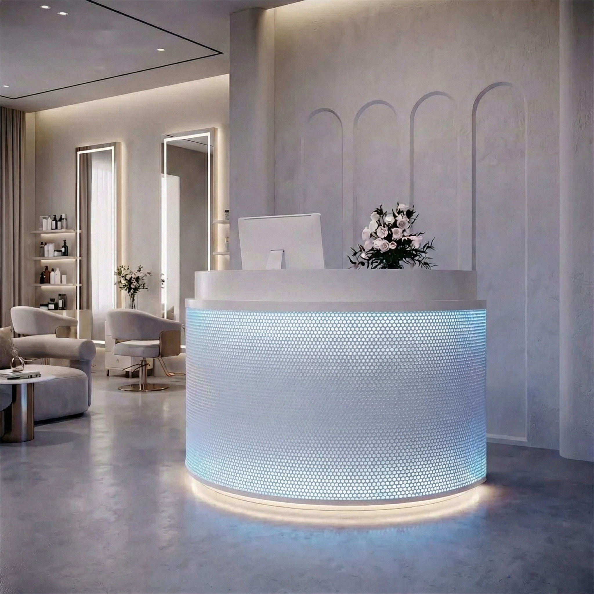 Simple Curved Fully Assembled White + Blue light Cashier and Reception Desk for Stores