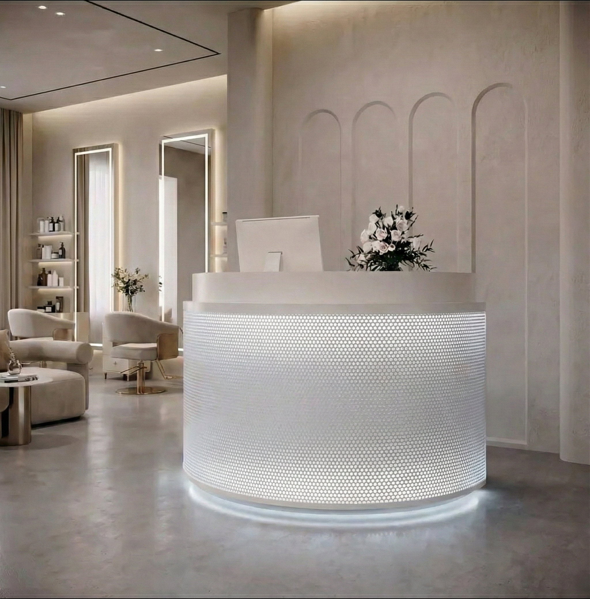 Simple Curved Fully Assembled White Cashier and Reception Desk for Stores