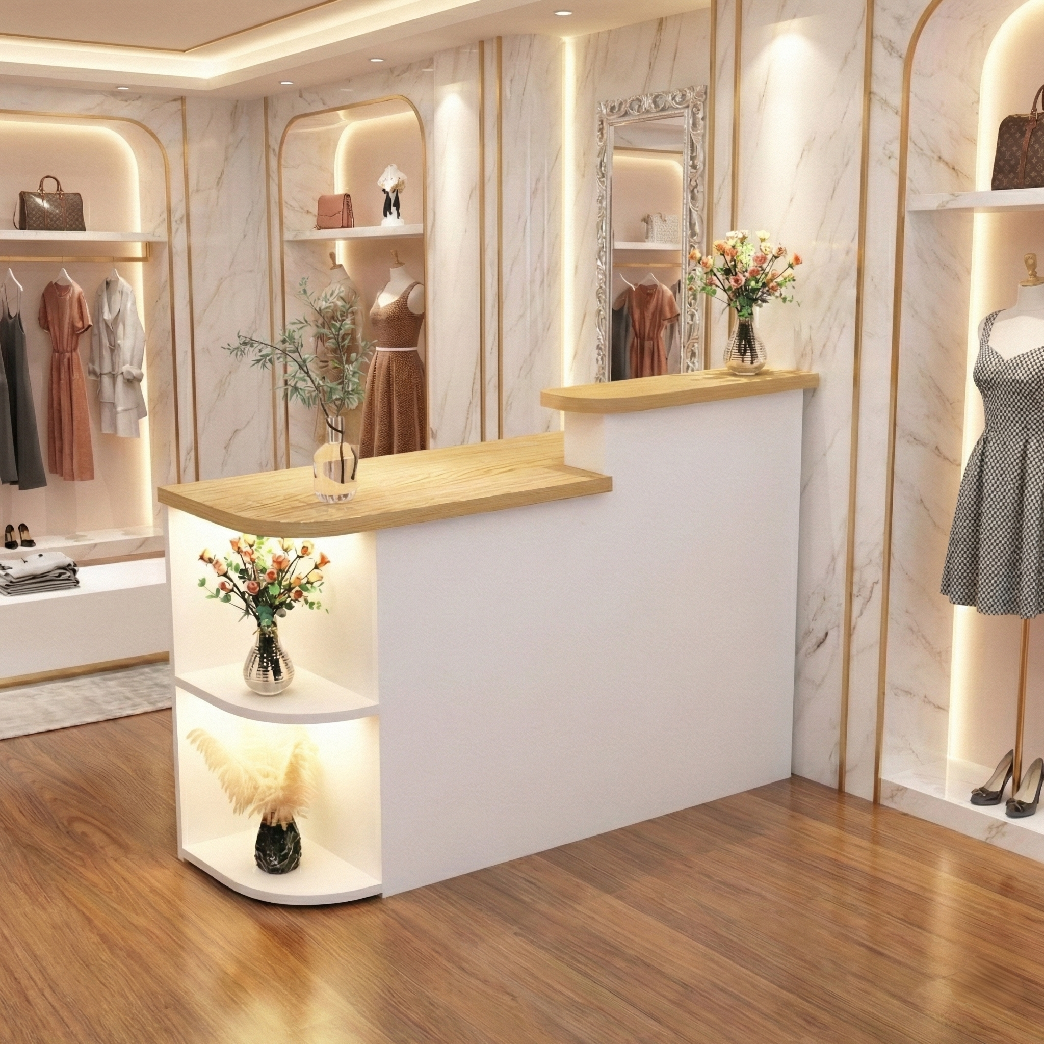 Simple Store Natural + White Reception Desk With LED Spotlight