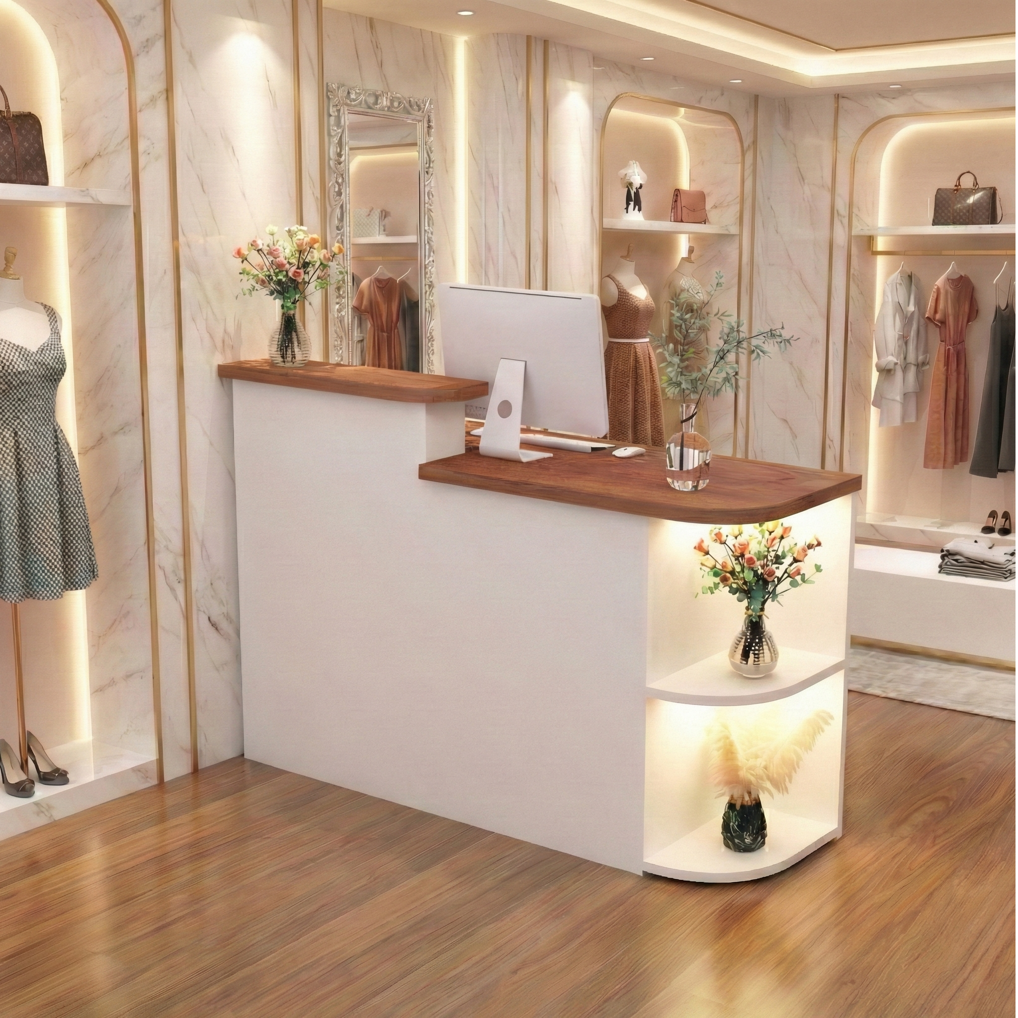 Simple Store White + Brown Reception Desk With LED Spotlight