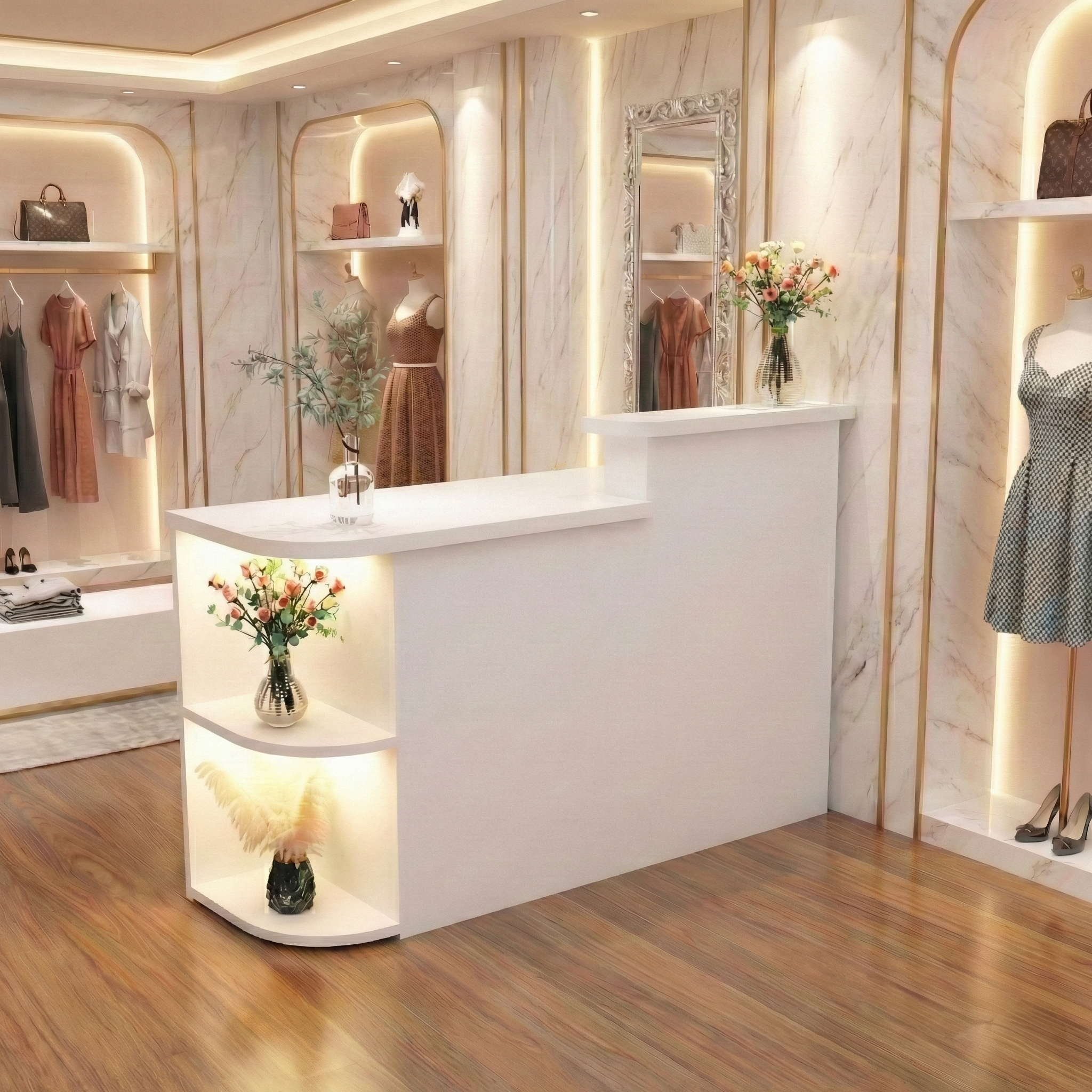 Simple Store White Reception Desk With LED Spotlight