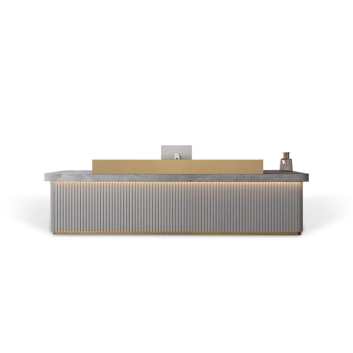 Sleek Minimalist LED Gold + Grey Marble Finish Reception Desk with Storage & Stainless Steel Countertop