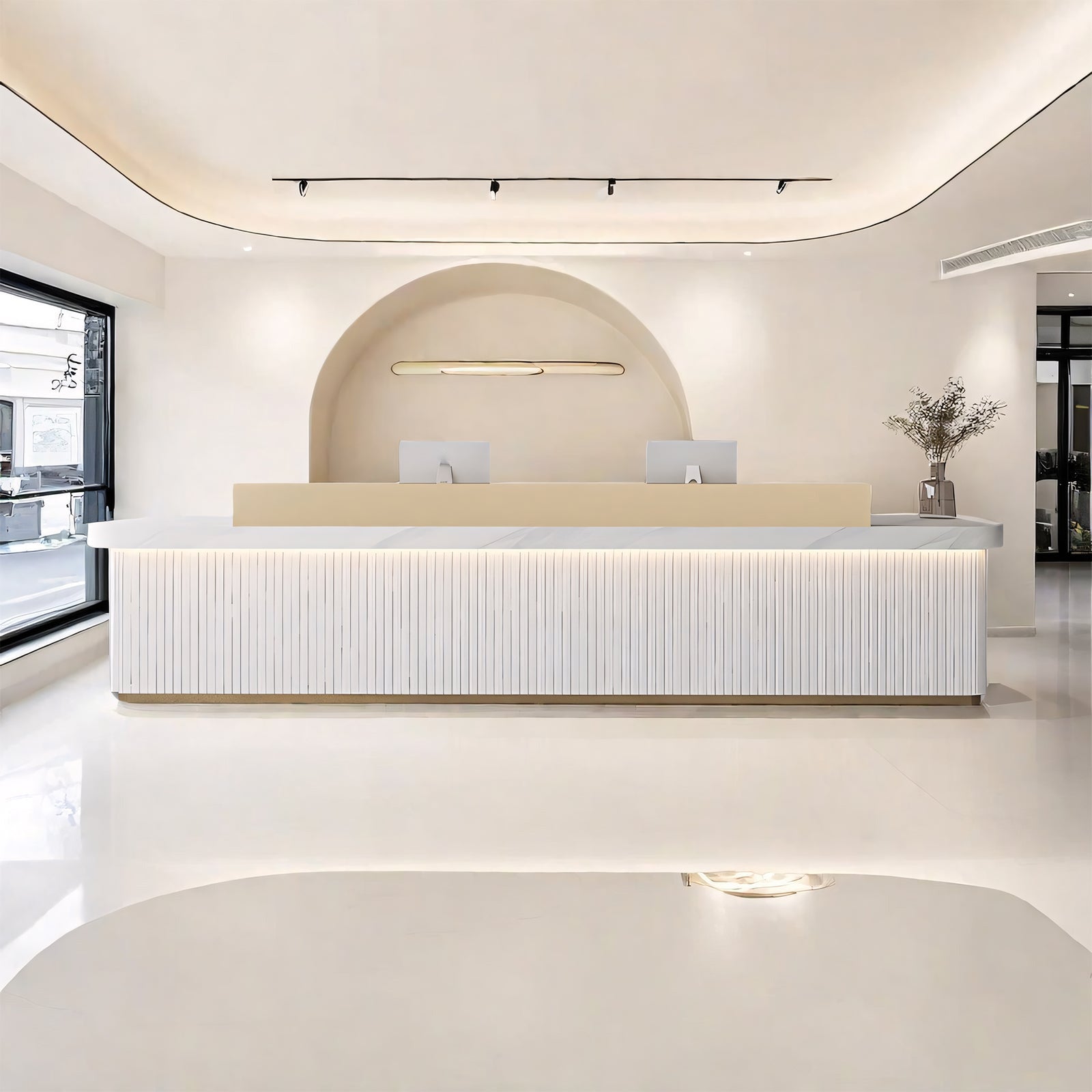 Sleek Minimalist LED Gold + White Marble Finish Reception Desk with Storage & Stainless Steel Countertop