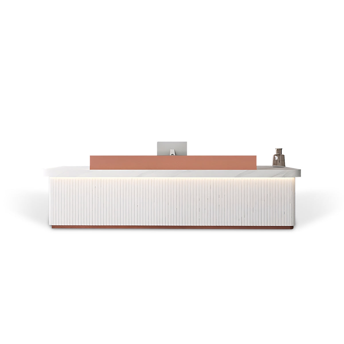 Sleek Minimalist LED Rose Gold + White Marble Finish Reception Desk with Storage & Stainless Steel Countertop