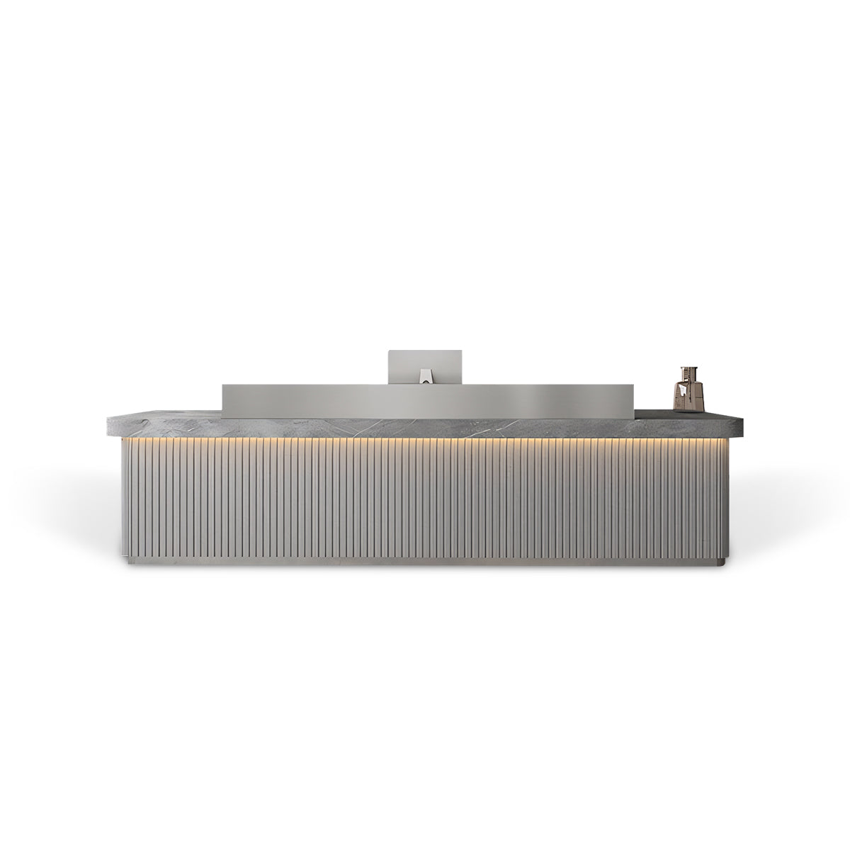 Sleek Minimalist LED Silver + Grey Marble Finish Reception Desk with Storage & Stainless Steel Countertop
