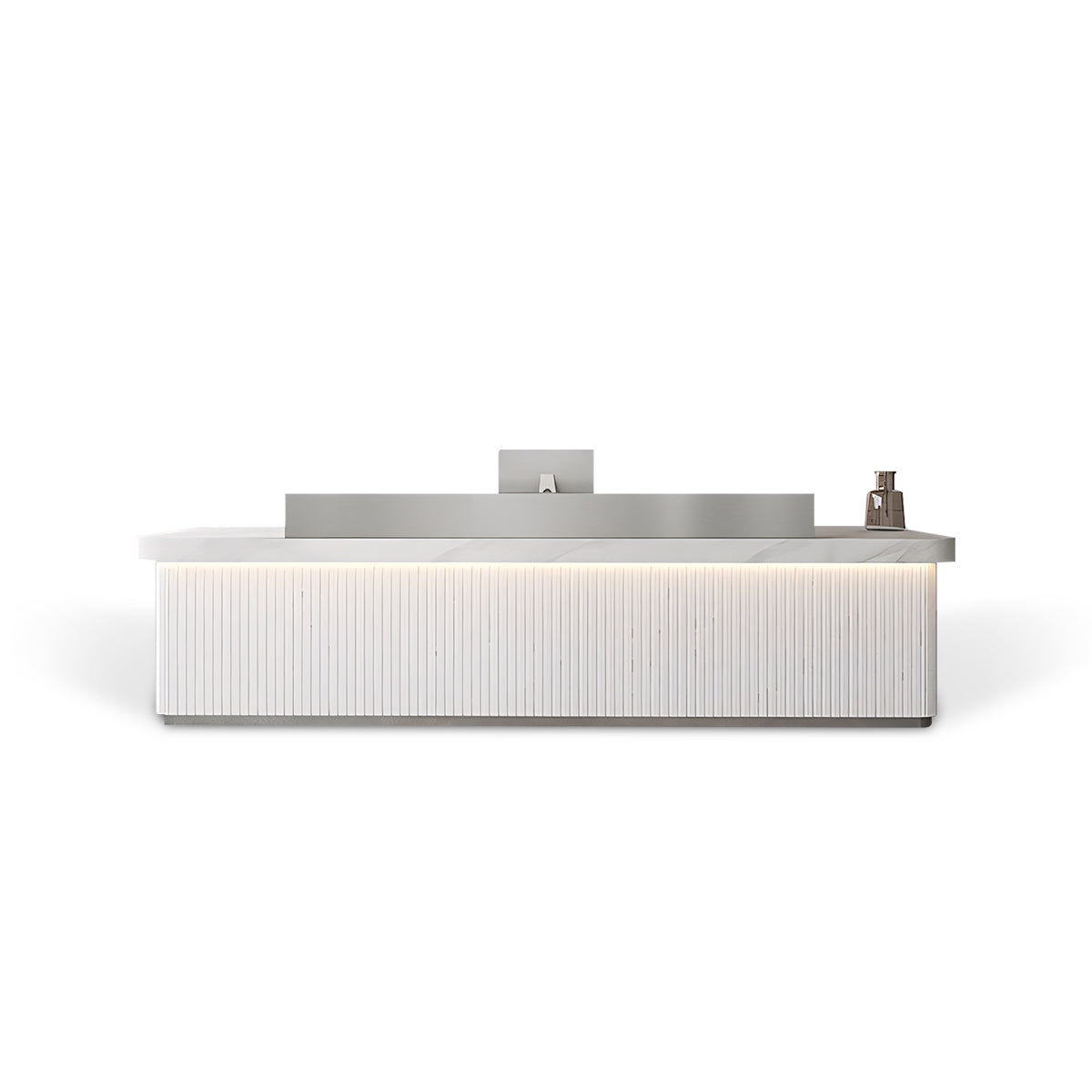 Sleek Minimalist LED Silver + White Marble Finish Reception Desk with Storage & Stainless Steel Countertop