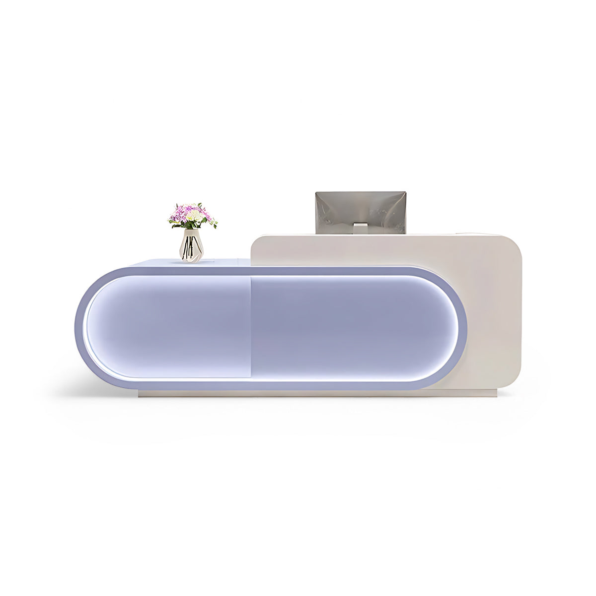 Small Store Curved Front Desk Blue + White Finish Reception Desk for Retail Shop