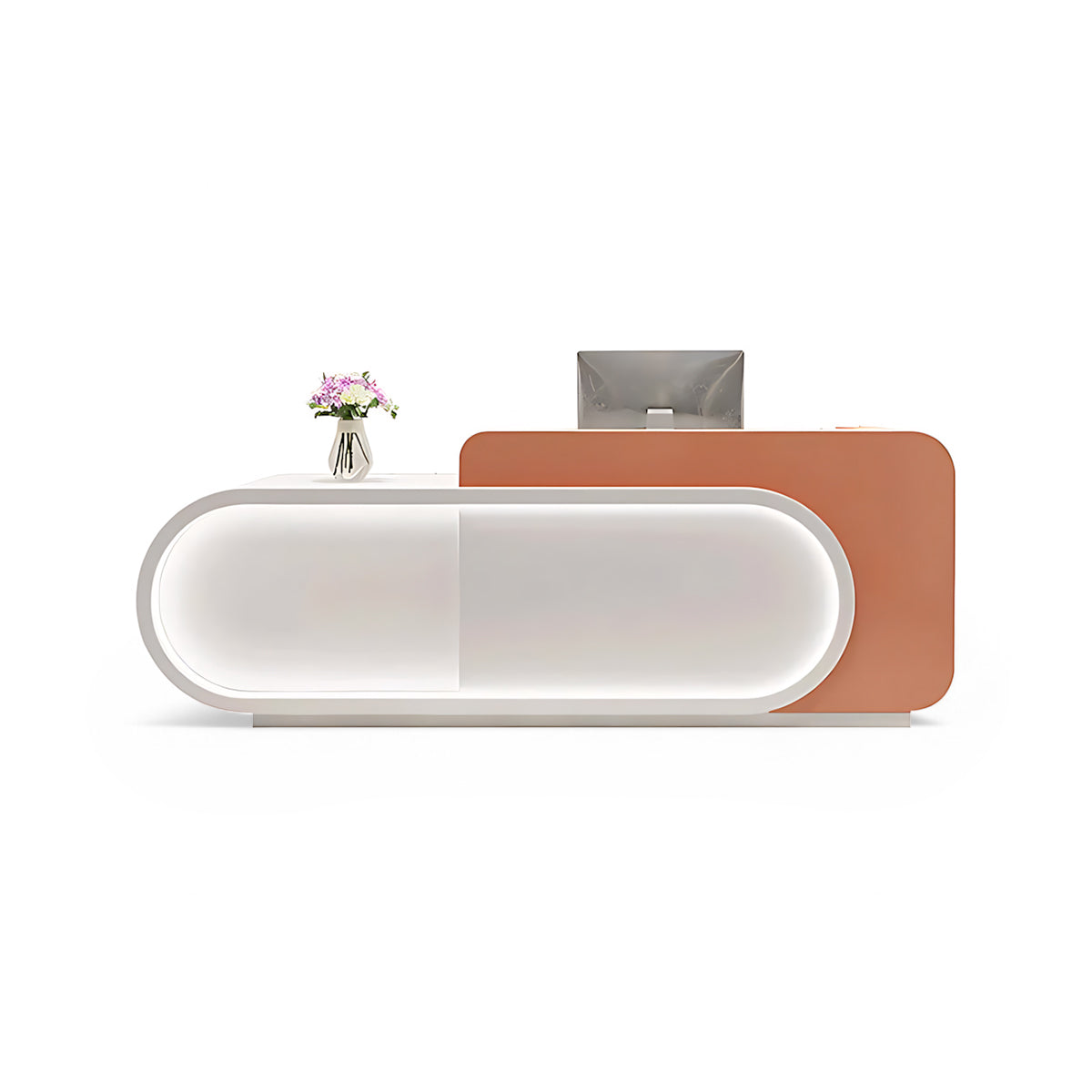 Small Store Curved Front Desk Camel + White Reception Desk for Retail Shop
