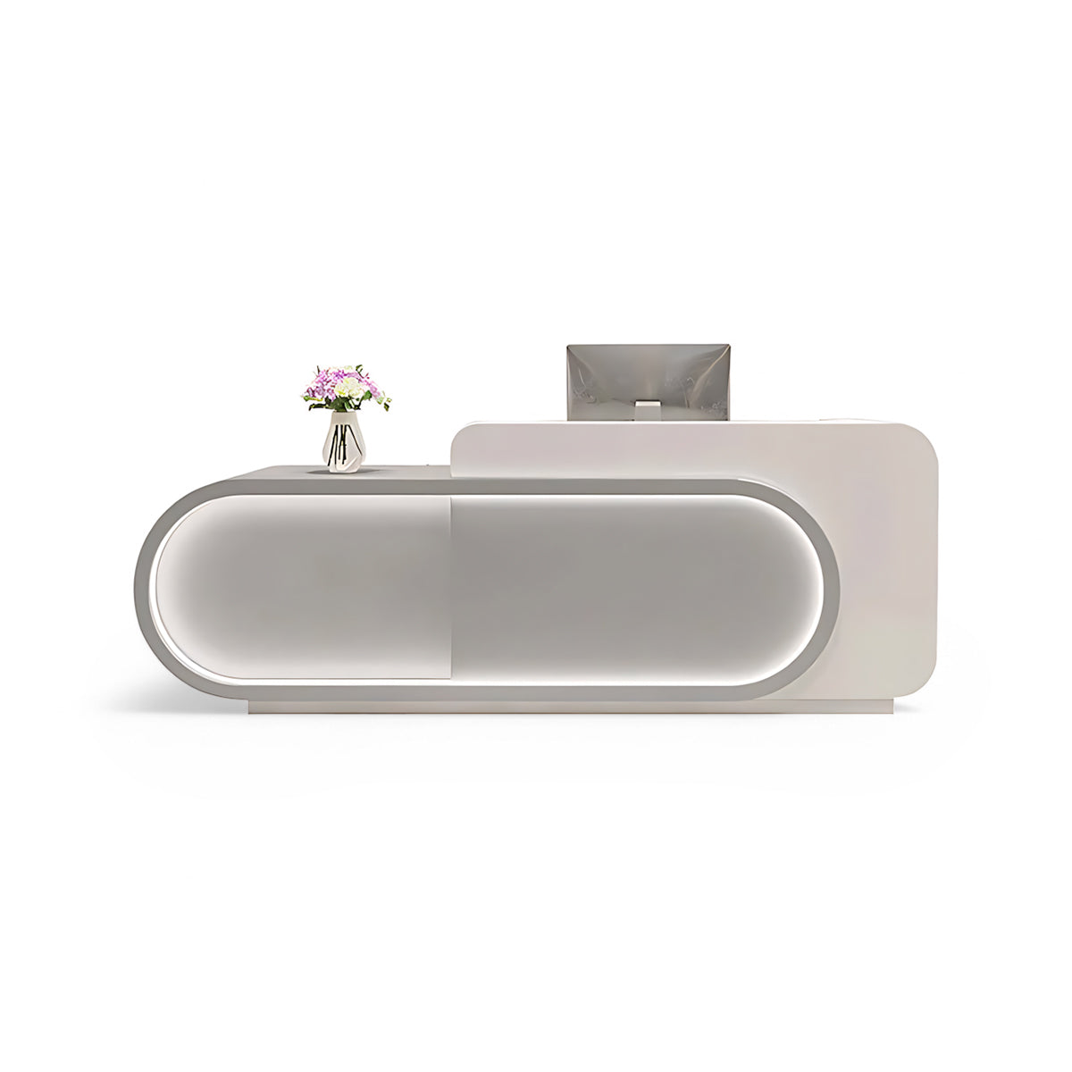 Small Store Curved Front Desk Grey + White Reception Desk for Retail Shop