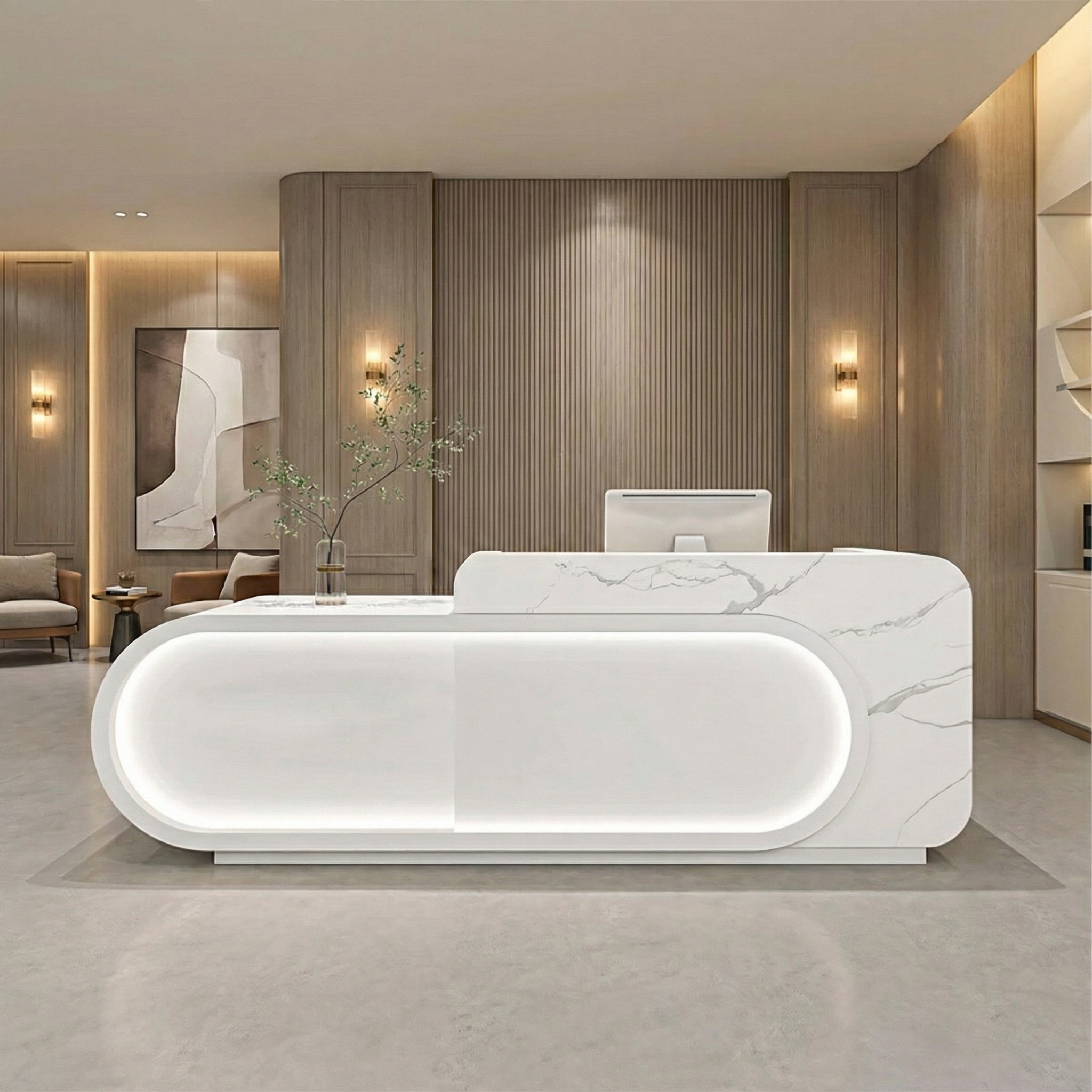 Small Store Curved Front Desk White + Marble Finish Reception Desk for Retail Shop