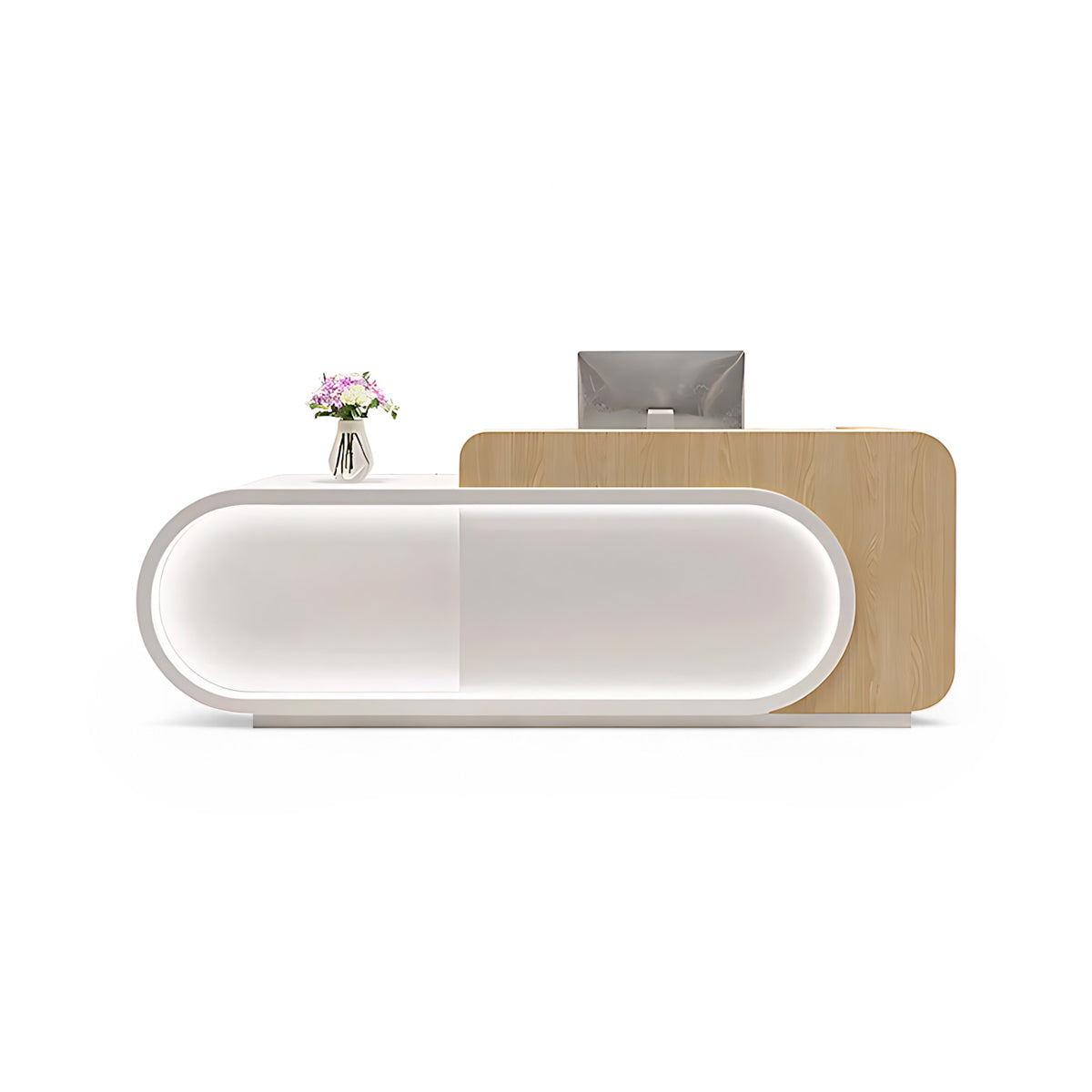Small Store Curved Front Desk White + Natural Finish Reception Desk for Retail Shop