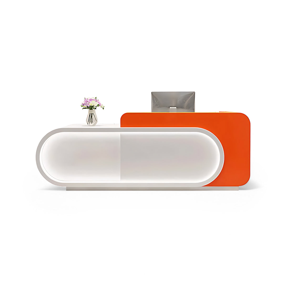 Small Store Curved Front Desk White + Orange  Reception Desk for Retail Shop