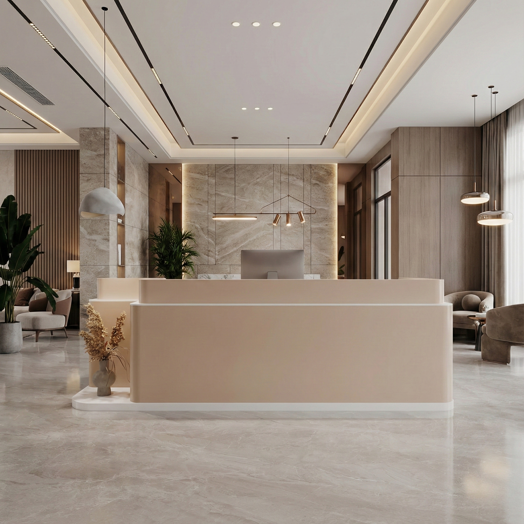 Stylish Rectangular Latte Reception Desk with Filing Cabinets and Drawers