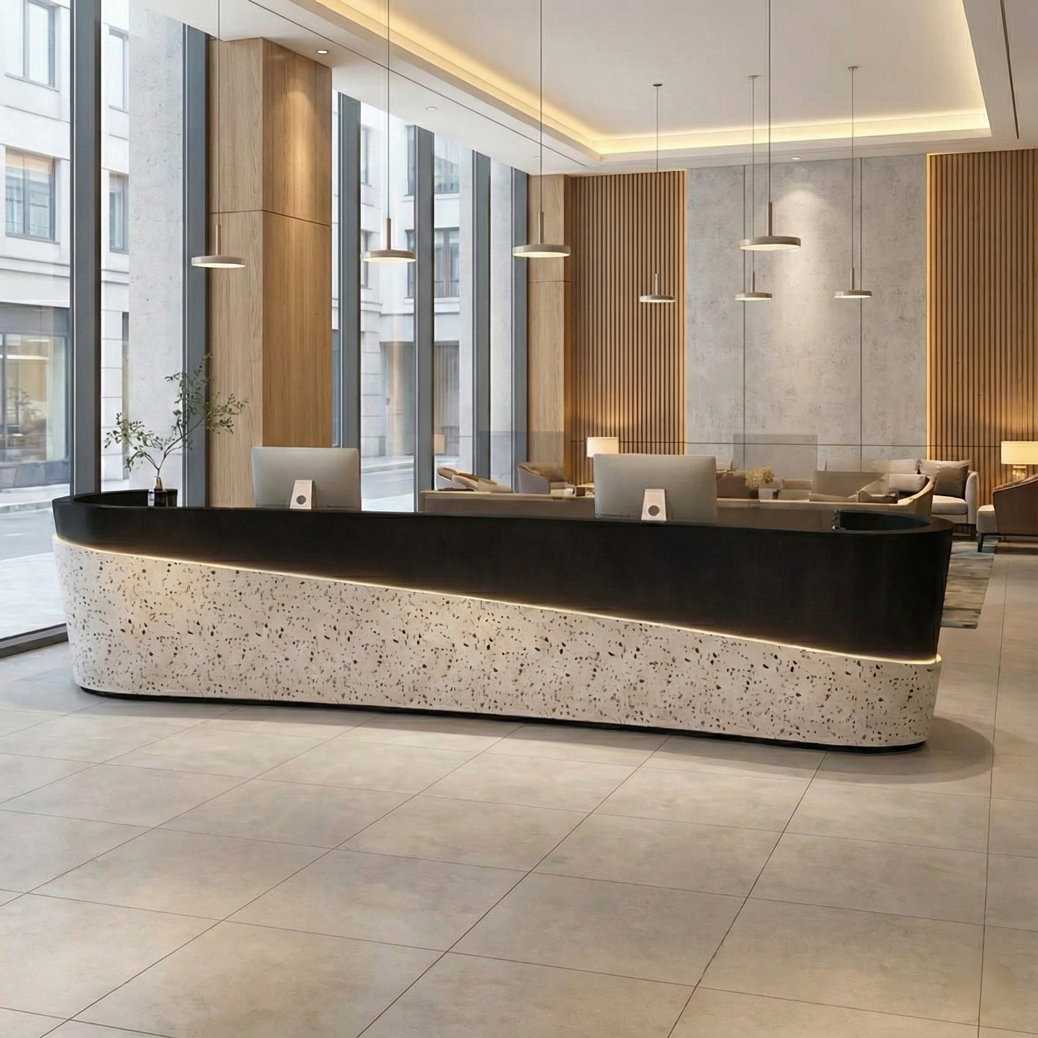 Terrazzo Pattern Curved Black Reception Desk For Company and Hotel