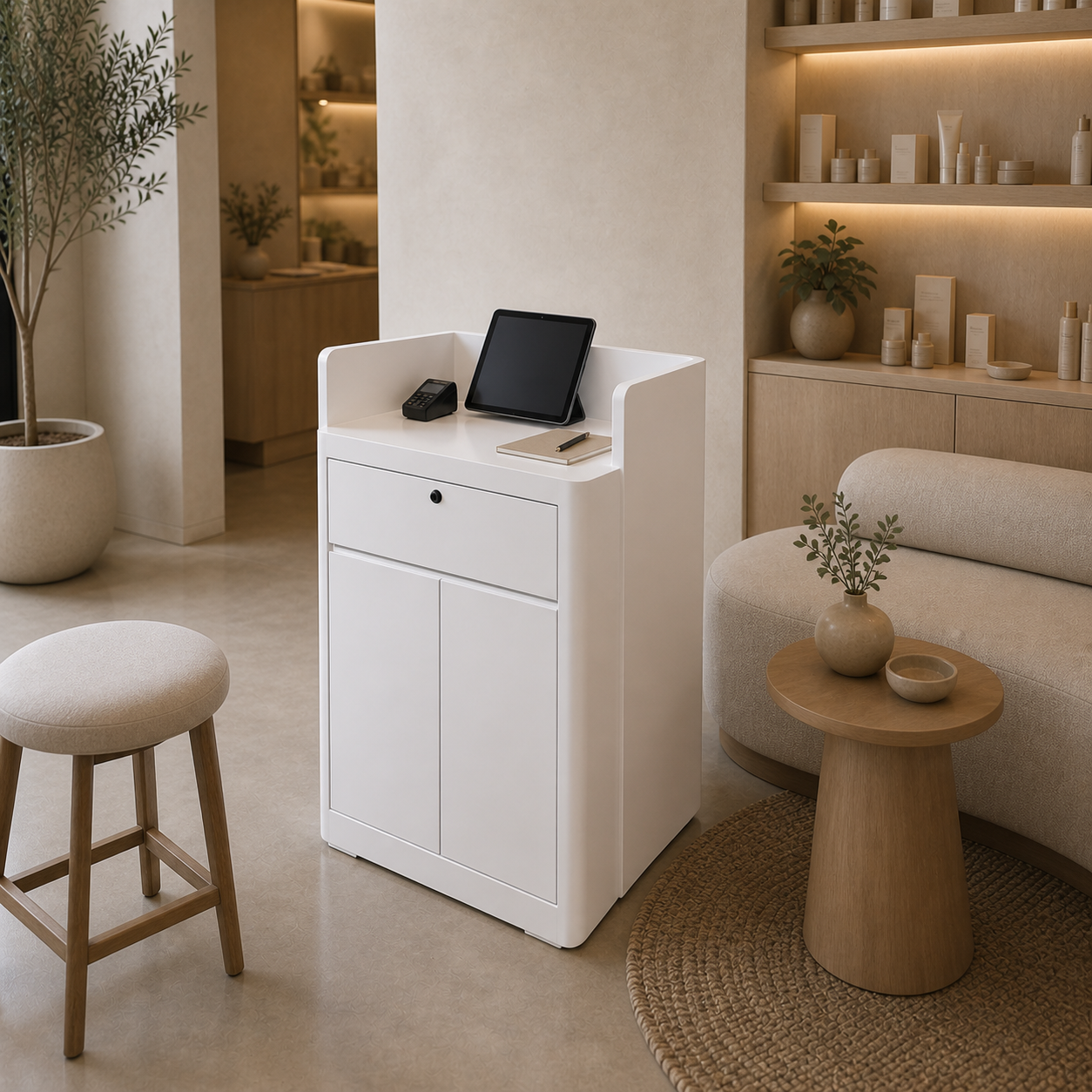 Tiny Modern Cream Concierge Desk with Curved Corners RD-270