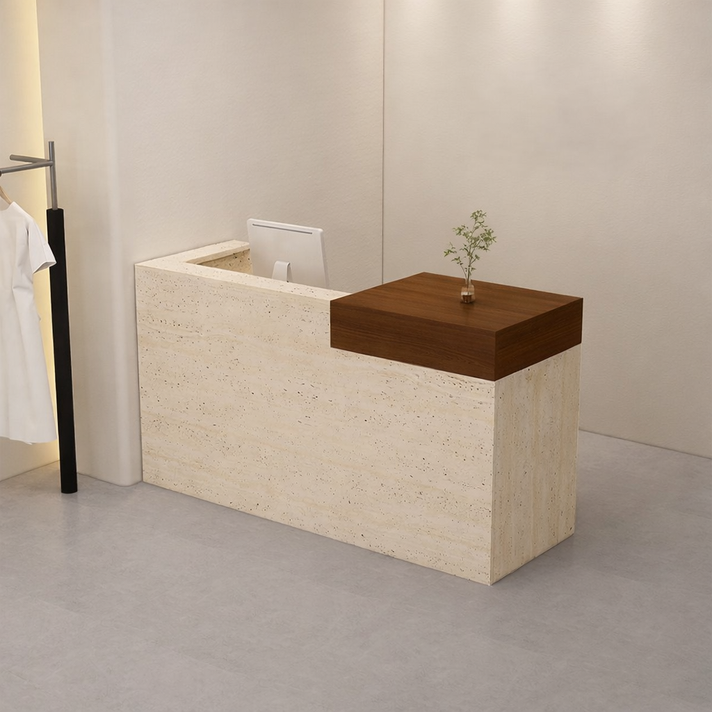 Travertine Finish + Walnut  Reception Counter for Lobby