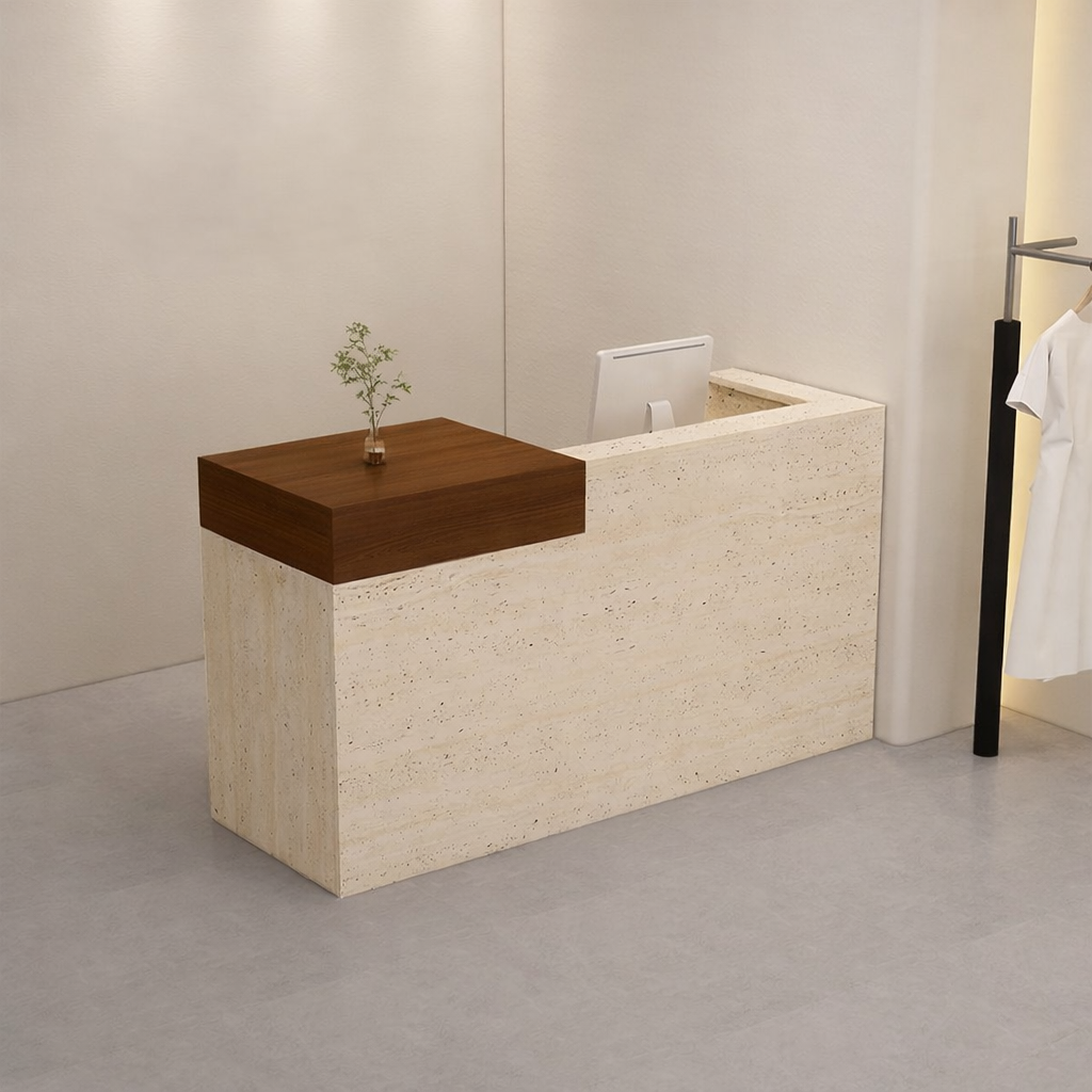 Travertine Finish + Walnut  Reception Counter for Salon