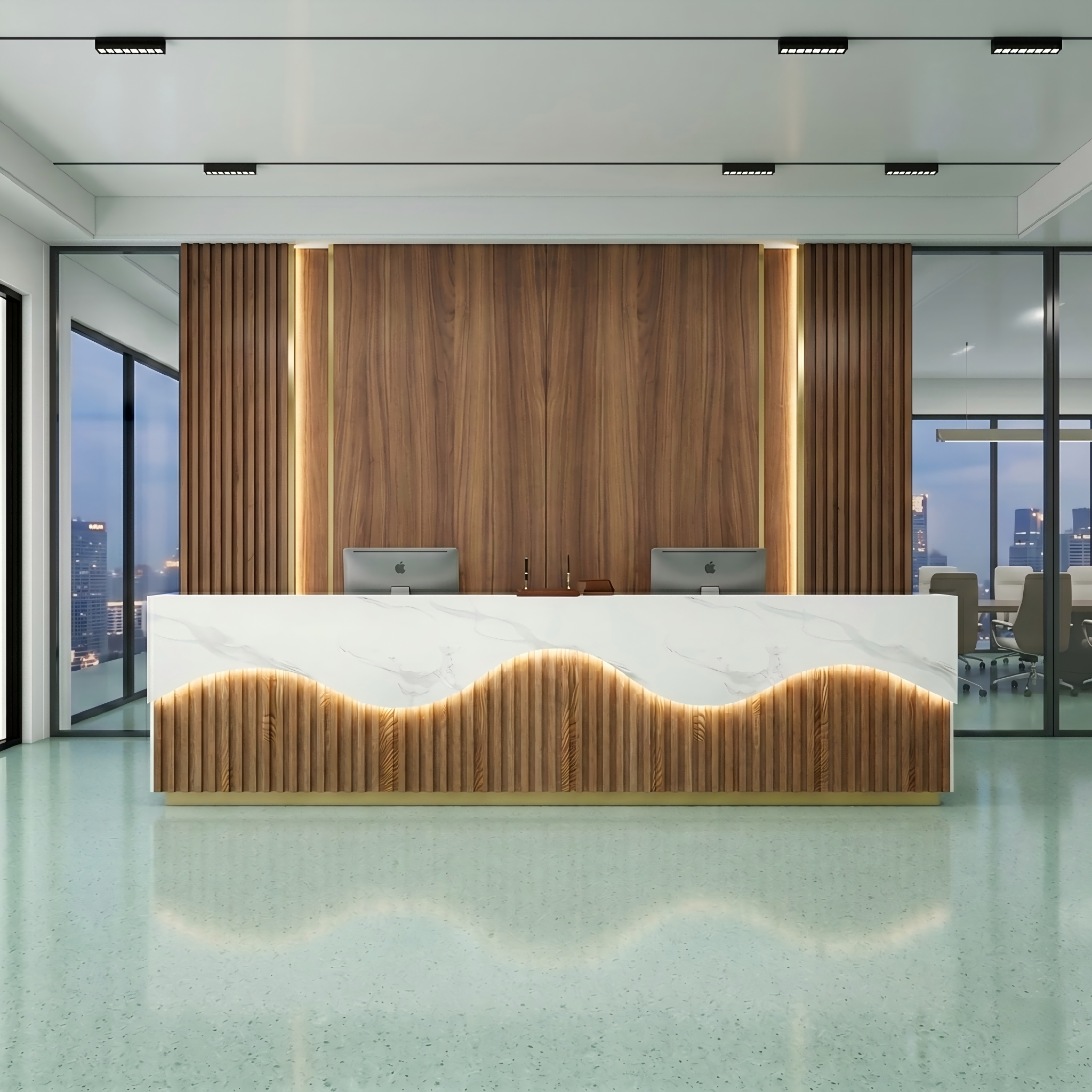 Vintage Marble+Brown Reception Desk with Storage for Hotels & Inns