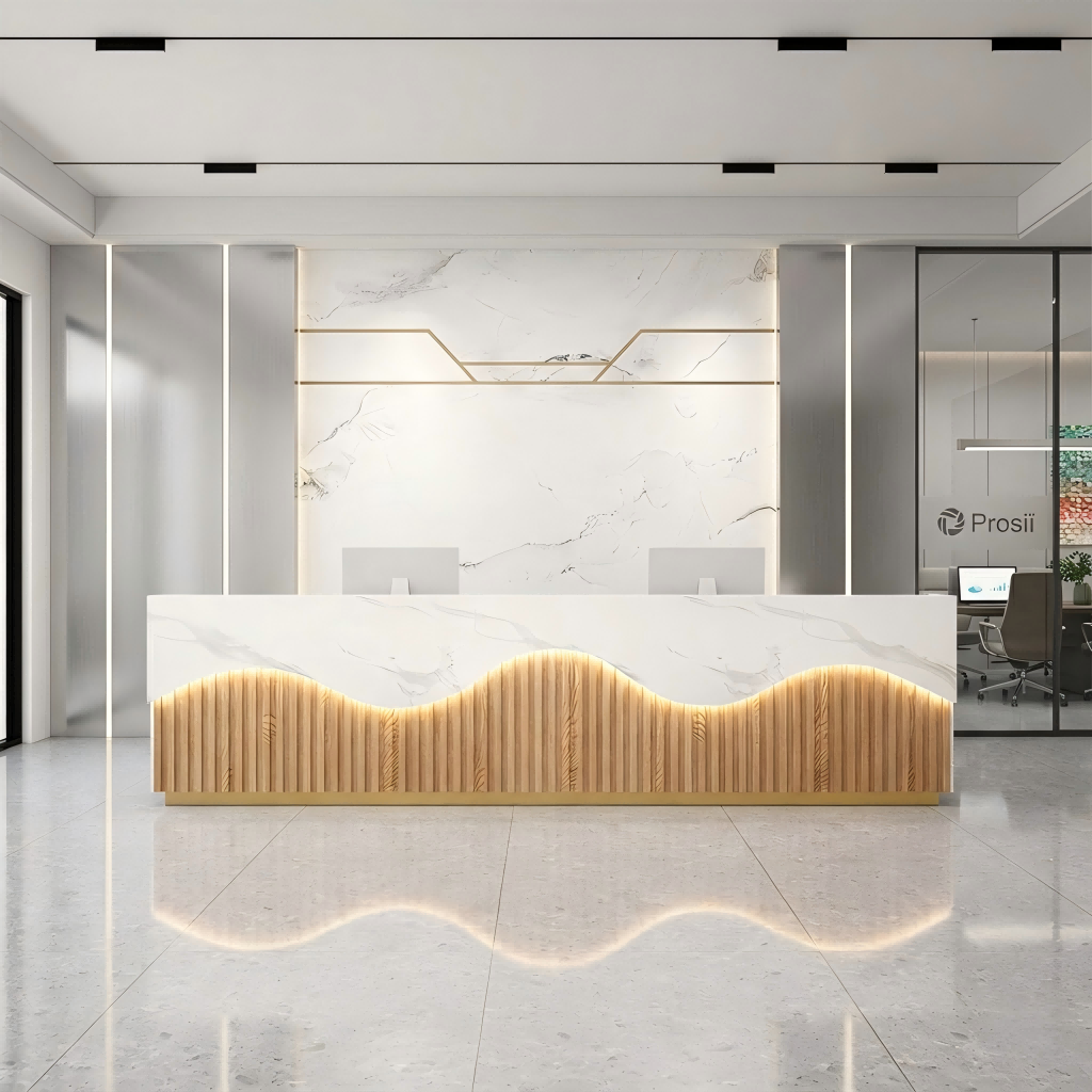 Vintage Marble+Natural Reception Desk with Storage for Hotels & Inns
