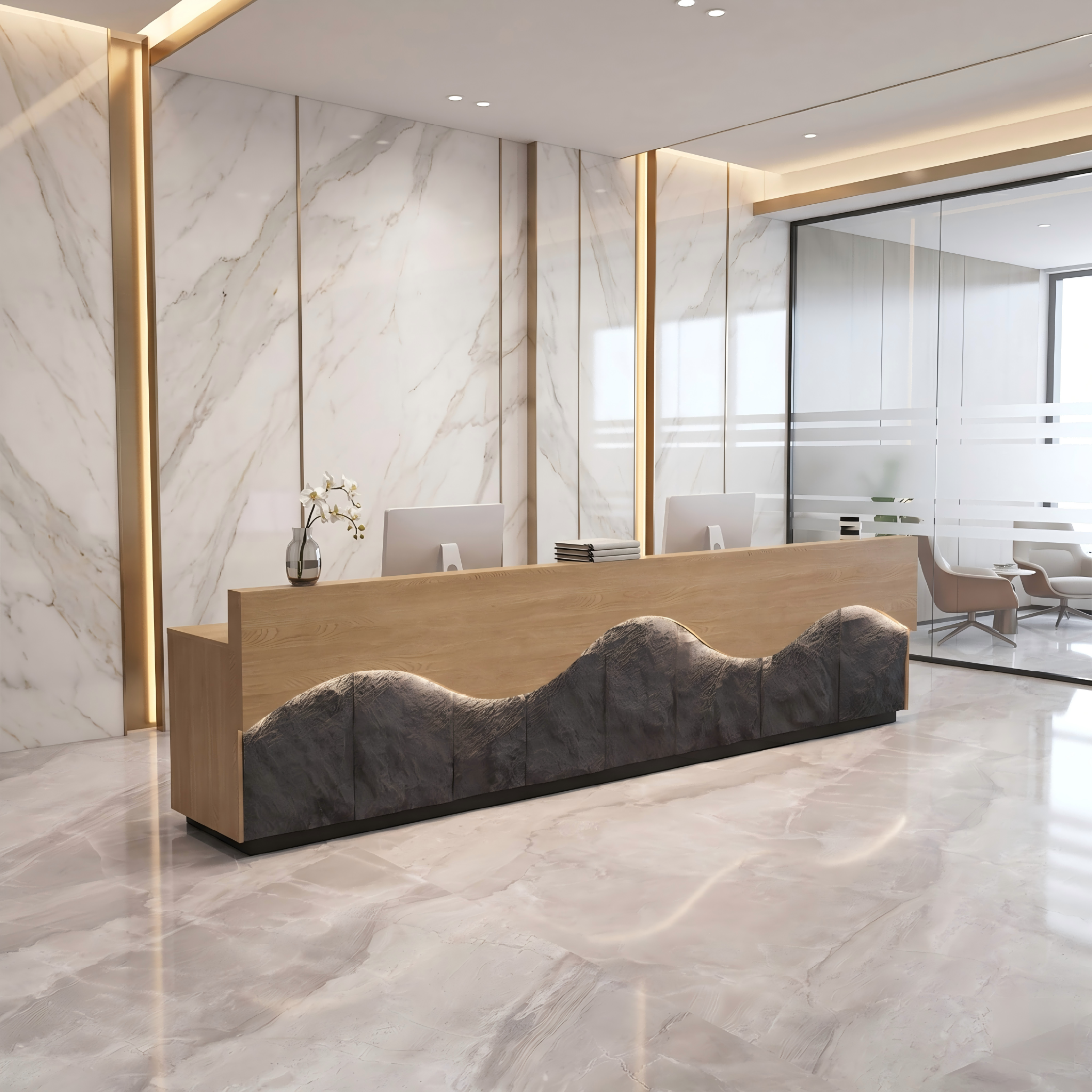 Vintage Natural+Black Reception Desk with Storage for Hotels & Inns