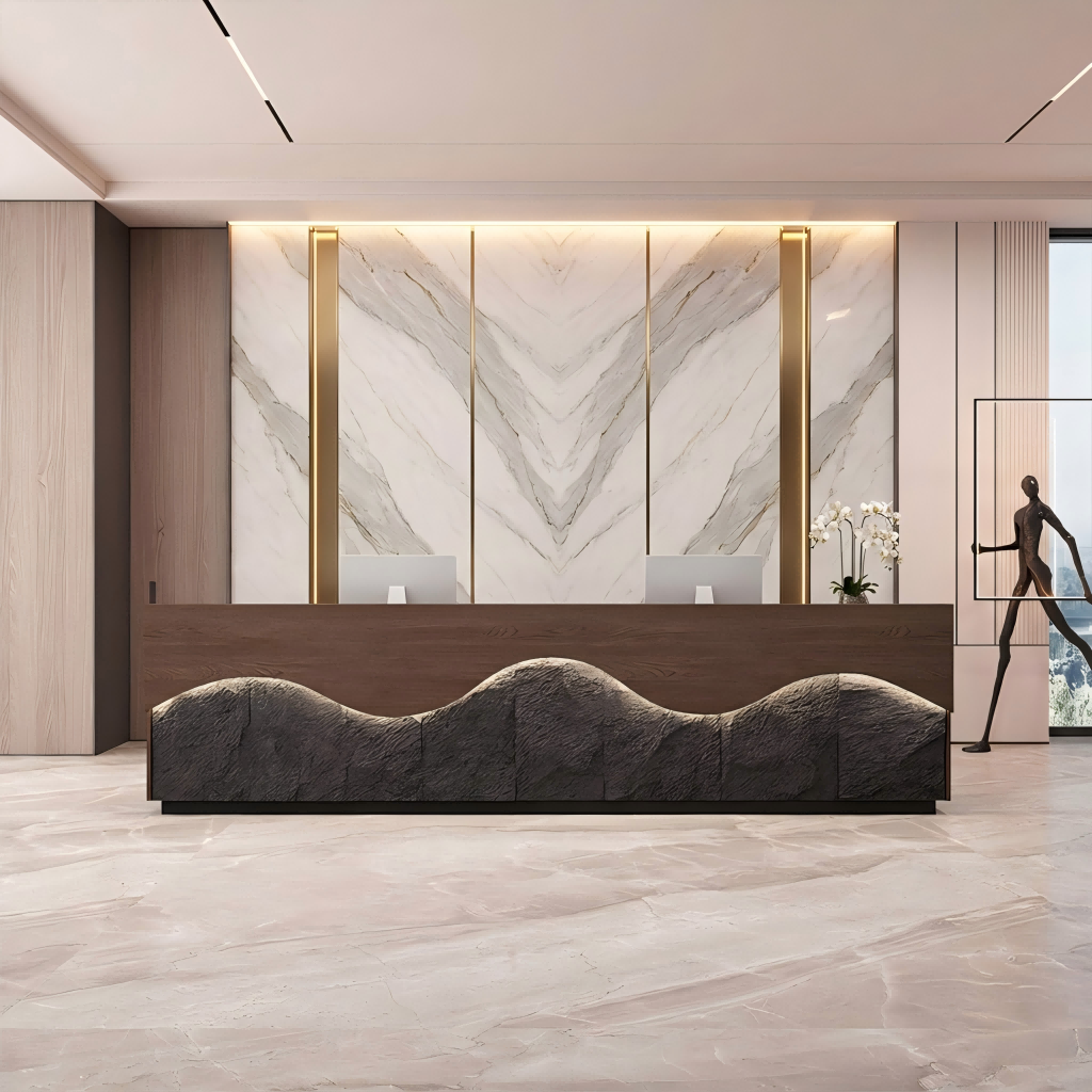 Vintage Walnut+Black Reception Desk with Storage for Hotels & Inns