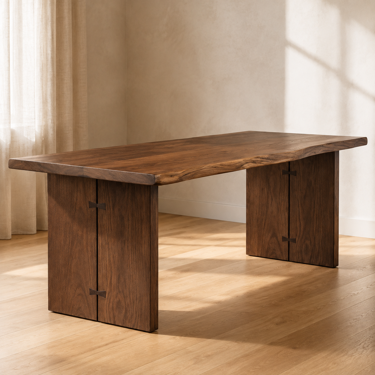 White ash live-edge dining table with Birch Leaf Base in Walnut finish
