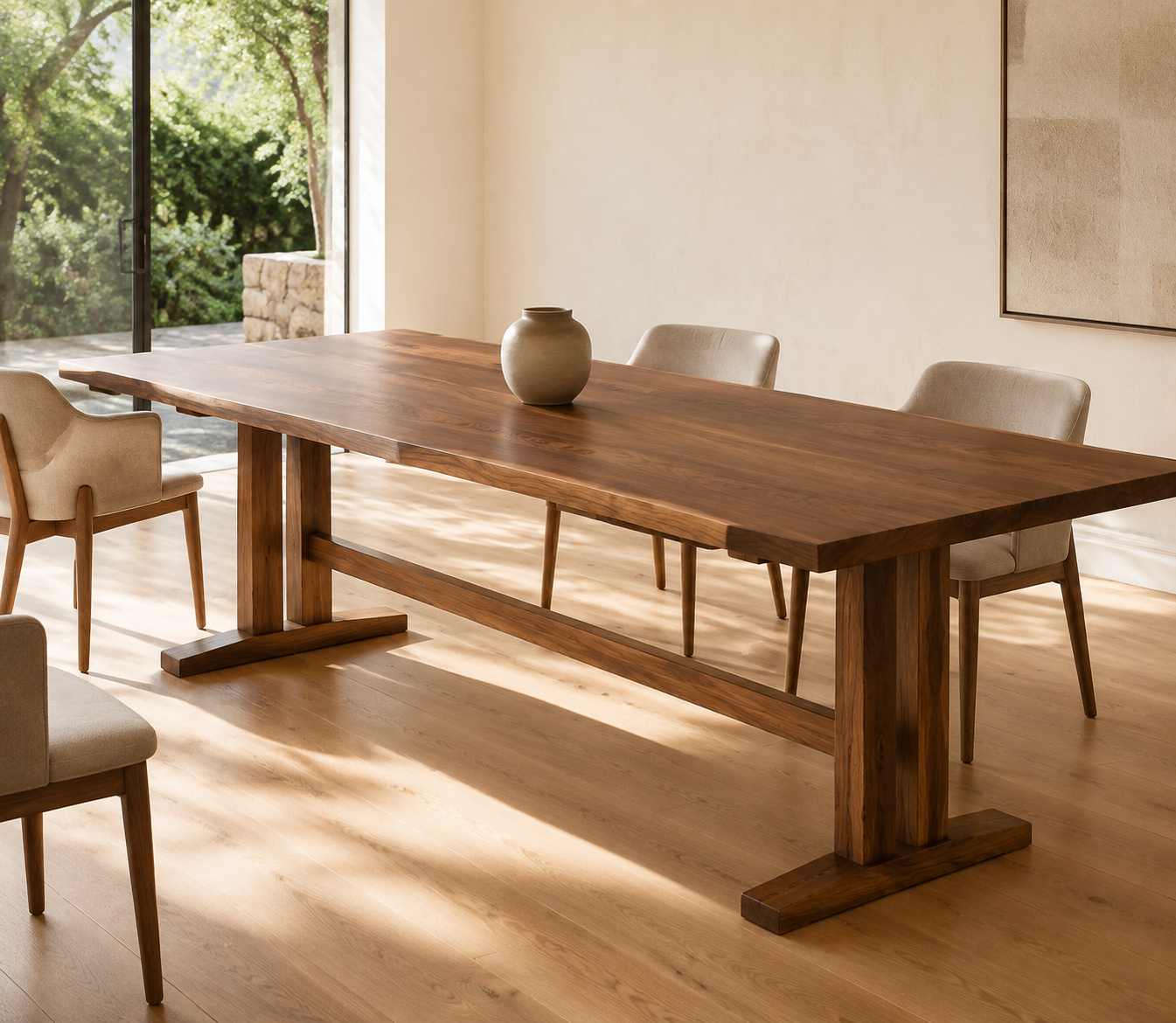 White ash live-edge dining table with Island Base in Walnut finish