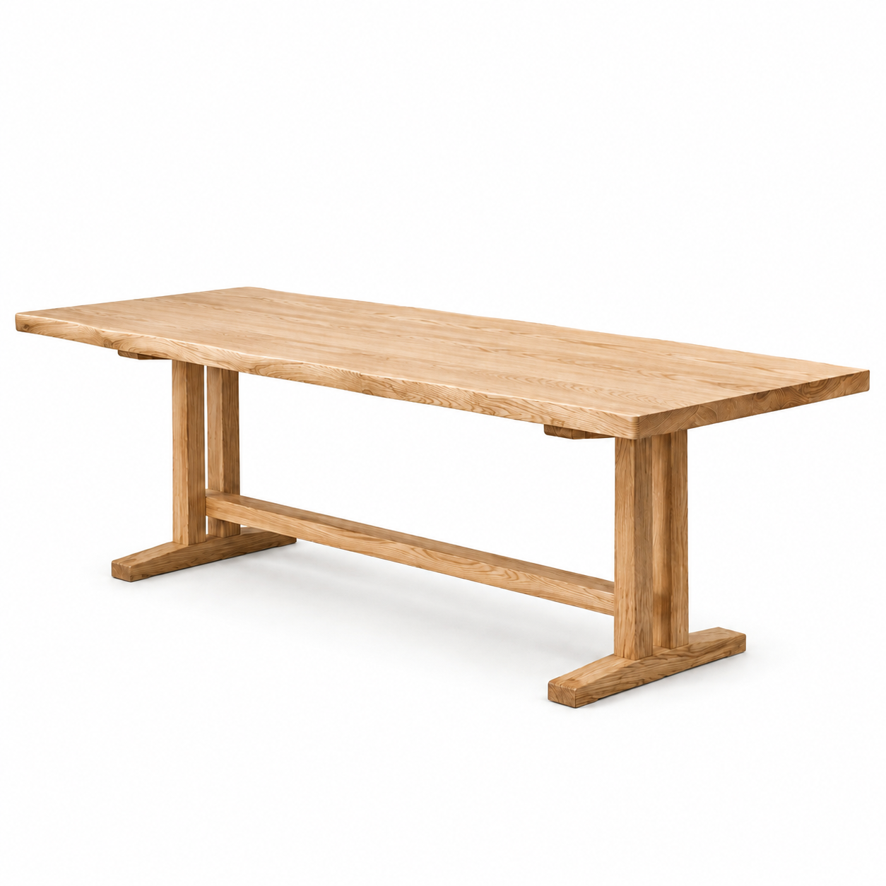 White ash live-edge dining table with Island Base on white background with natural floor shadow