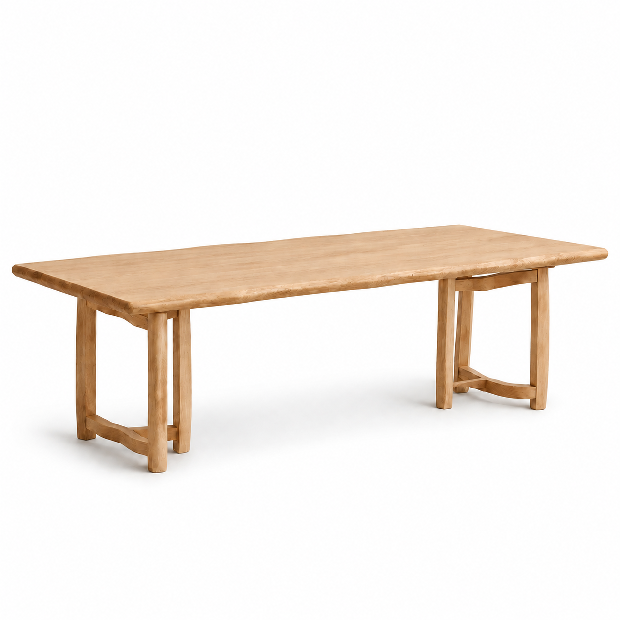 White ash live-edge dining table with Sailboat Base on white background with natural floor shadow