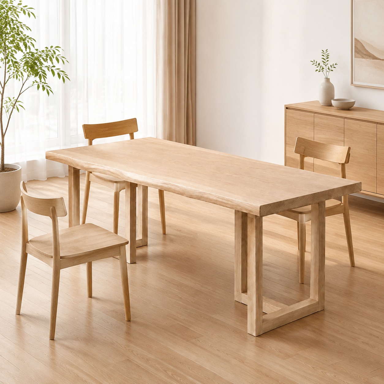 White ash live-edge dining table with T-Shape Base - home dining scene 1