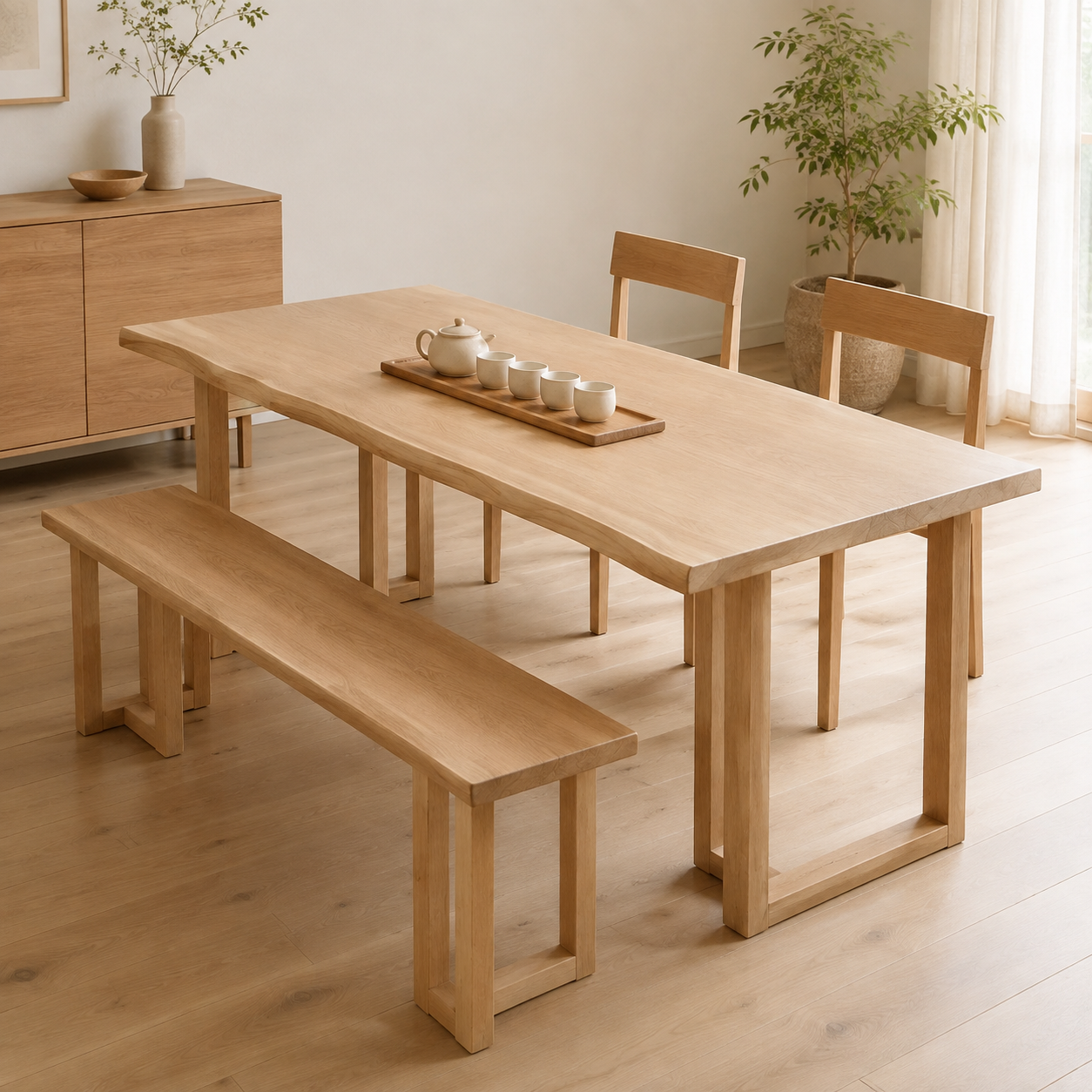 White ash live-edge dining table with T-Shape Base - home dining scene 2