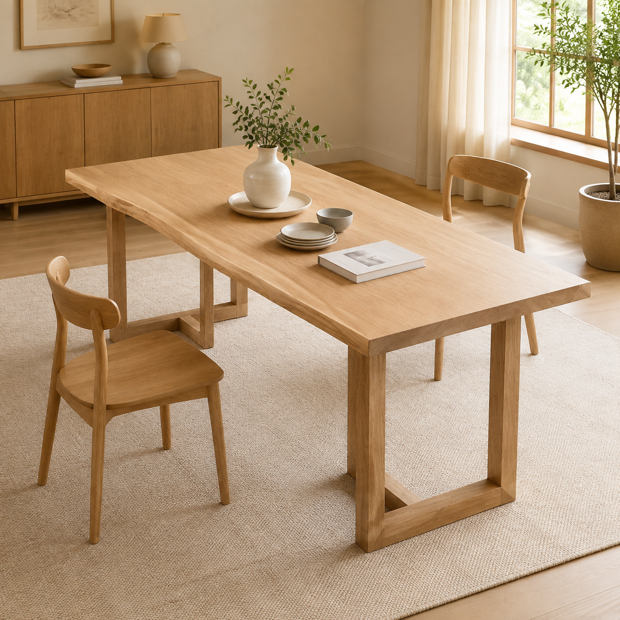 White ash live-edge dining table with T-Shape Base - home dining scene 3
