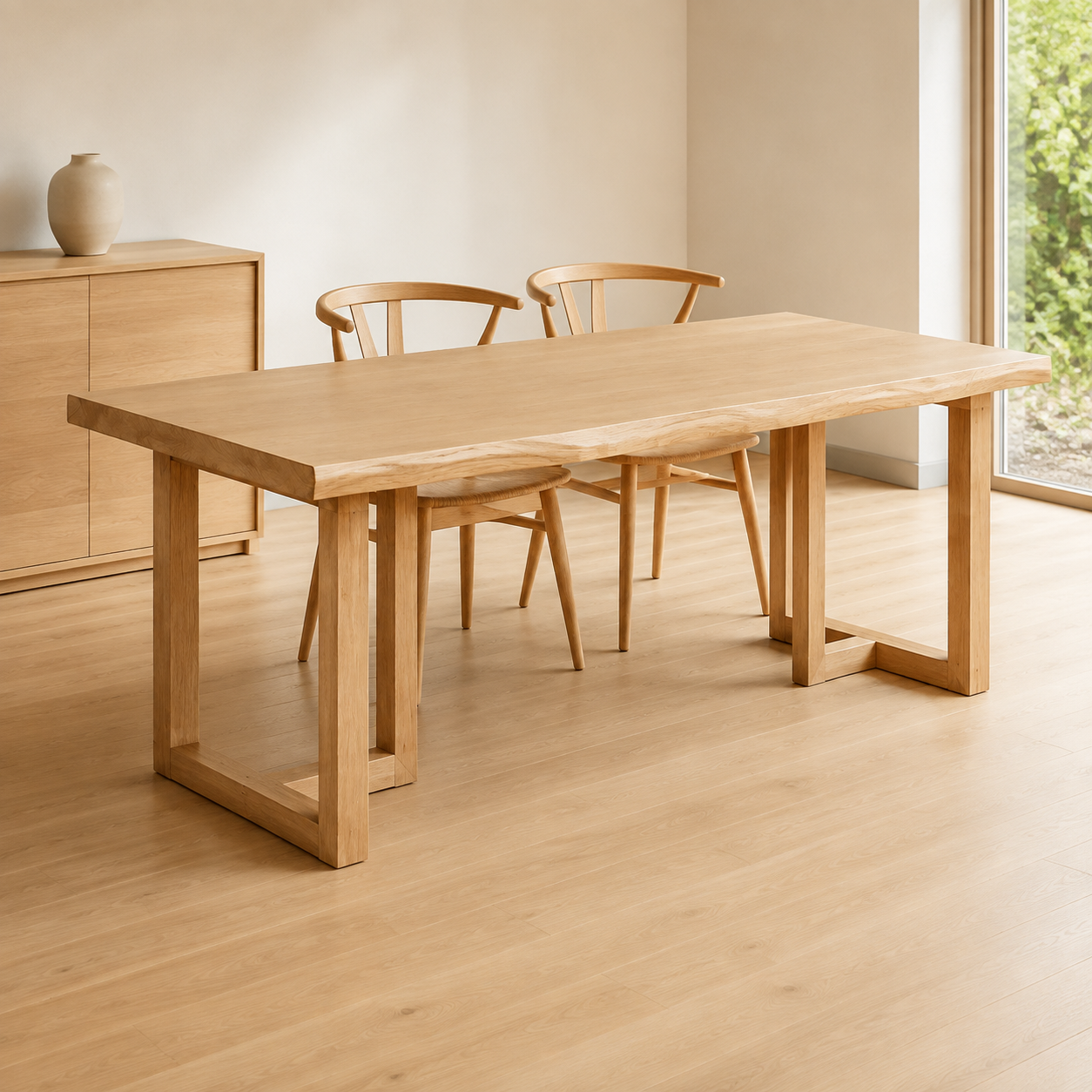 White ash live-edge dining table with T-Shape Base - home dining scene 4