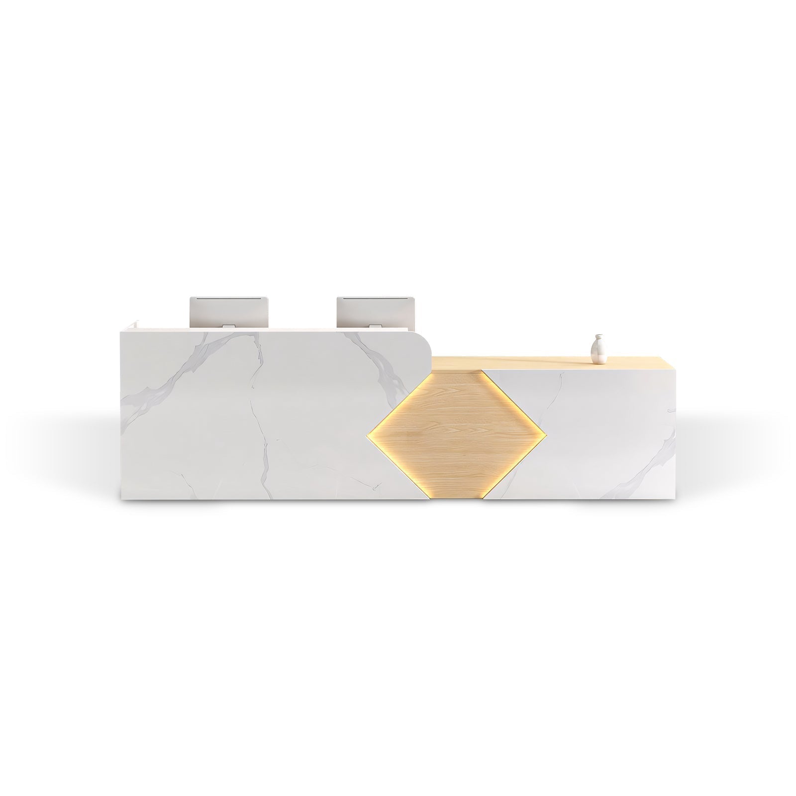 White Marble Finish + Natural Reception Desk with Geometric LED Accents for Lobby