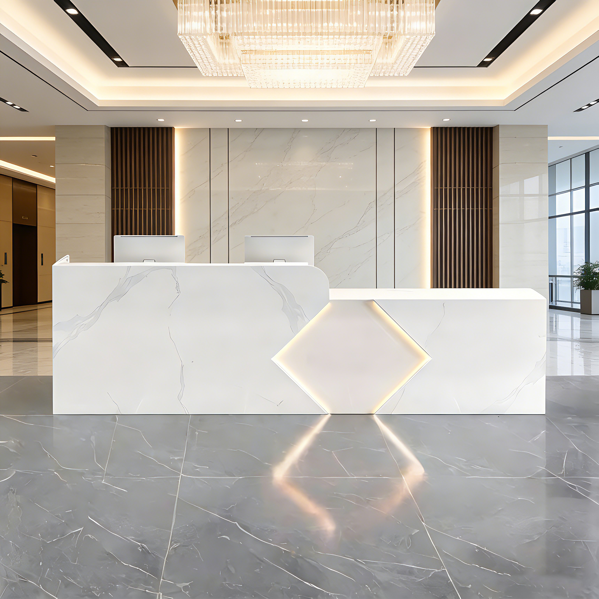 White Marble-Style Reception Desk with Geometric LED Accents for Hotel
