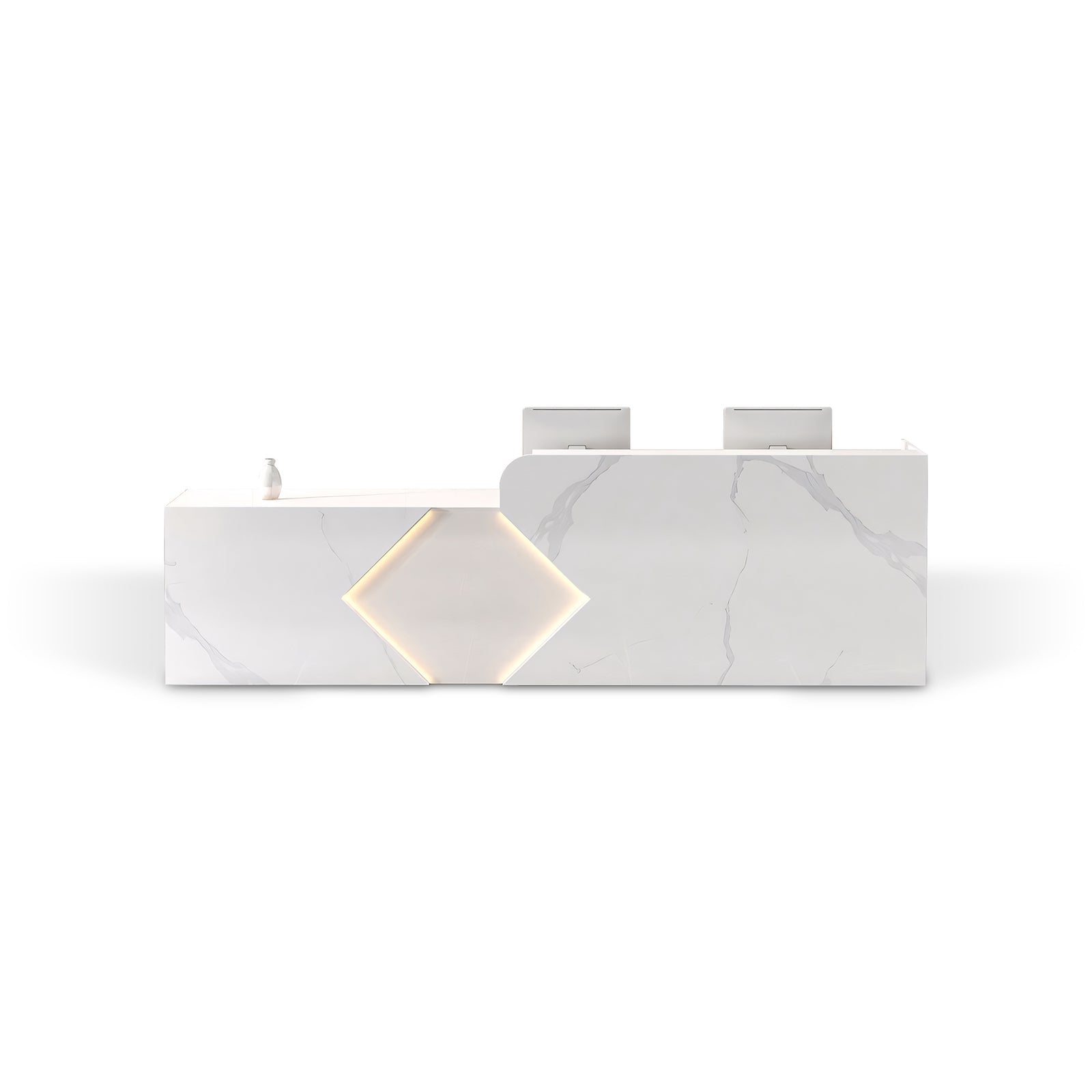White Marble-Style Reception Desk with Geometric LED Accents for Lobby