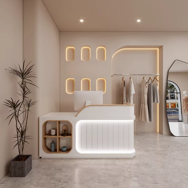 White + Vertical Seam Reception Desk for Clothing Store