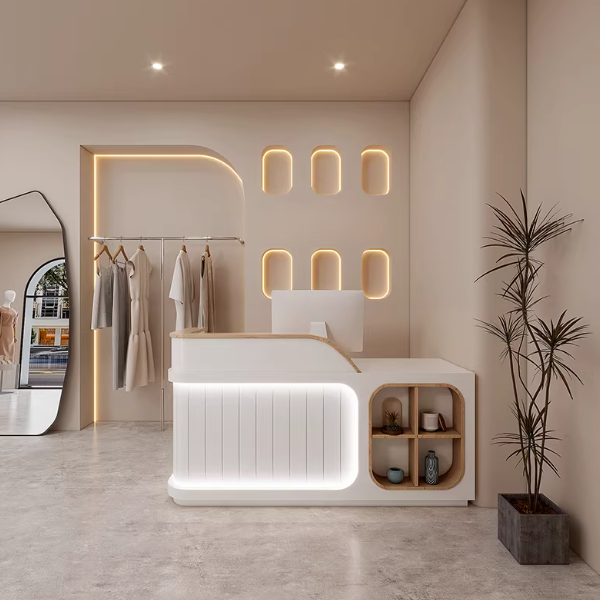 White + Vertical Seam Reception Desk for Clothing Store
