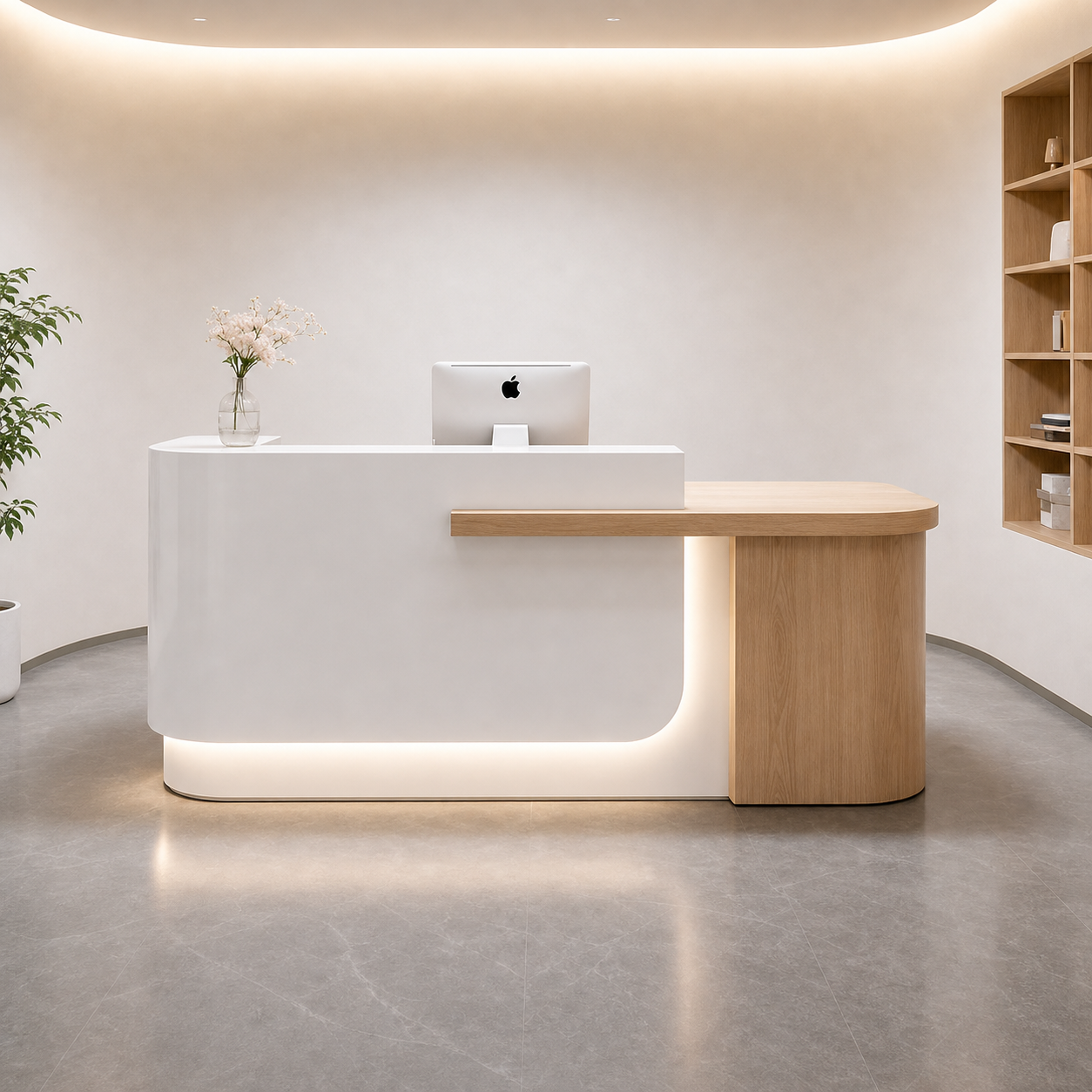 Modern Reception Desk with Curved Front, Wood Cabinet & LED Lighting