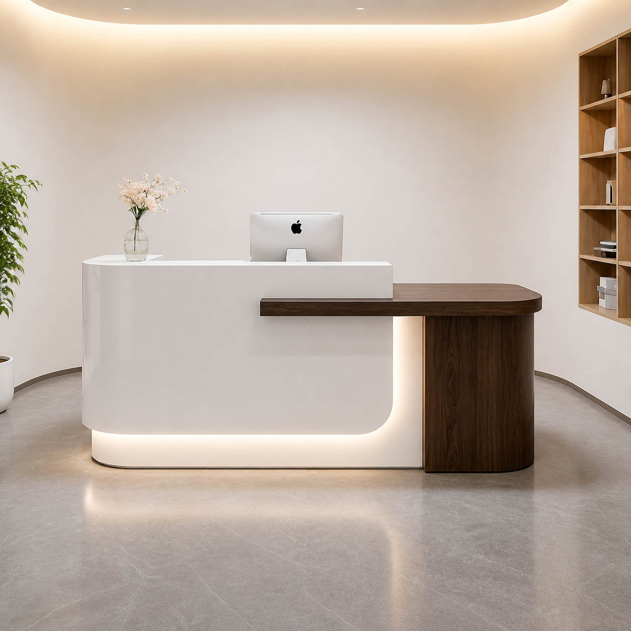 Modern Reception Desk with Curved Front, Wood Cabinet & LED Lighting