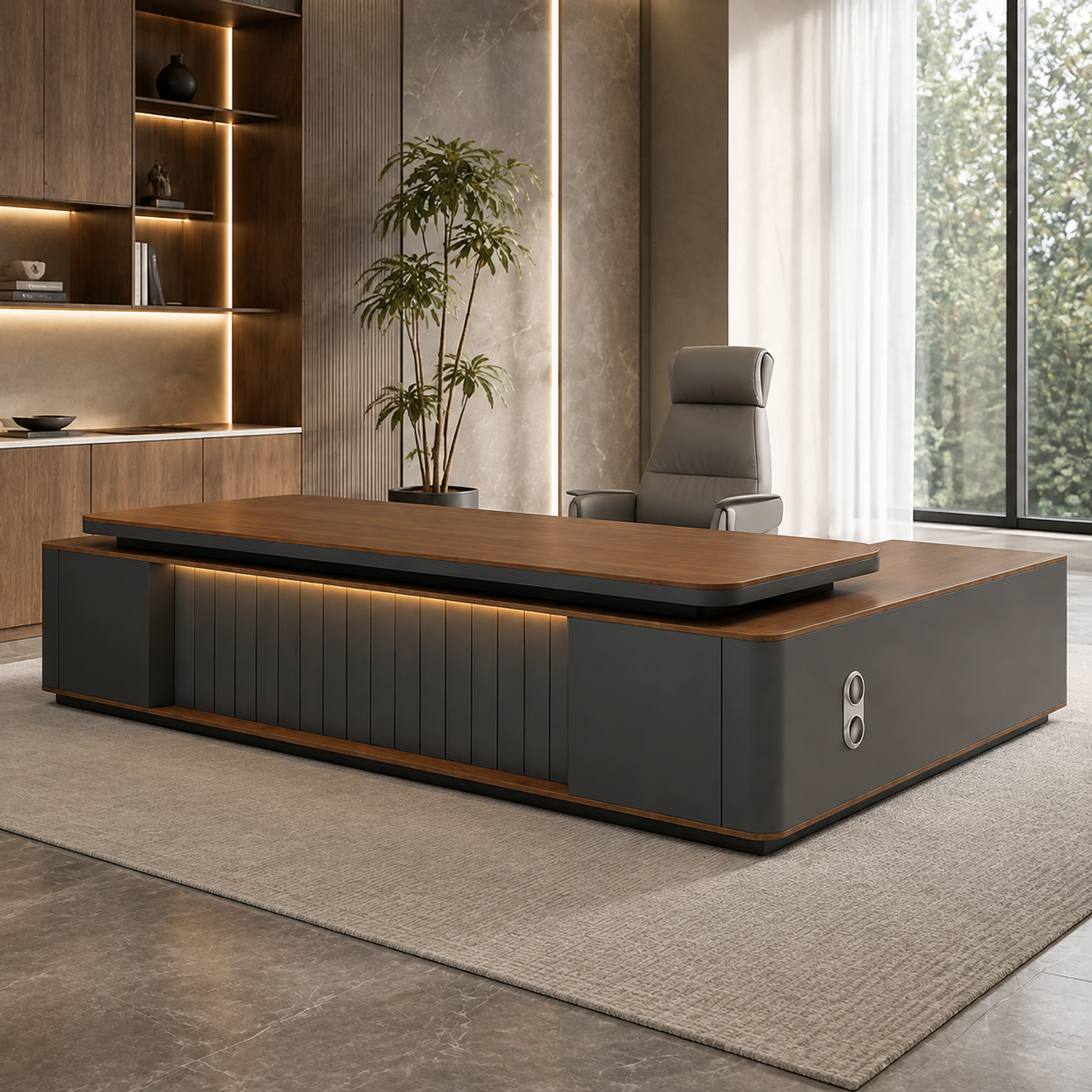 ED-038 executive office desk in deep grey, bright office scene, three-quarter view