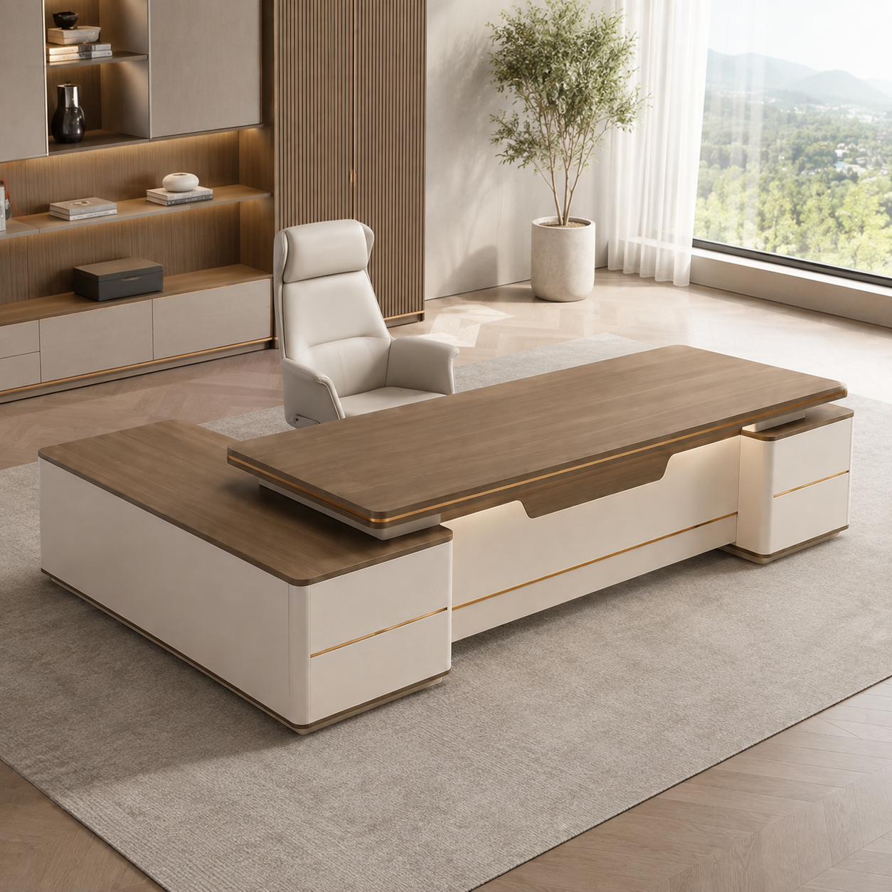 ED-039 L-shaped executive office desk in khaki, bright office scene, three-quarter view