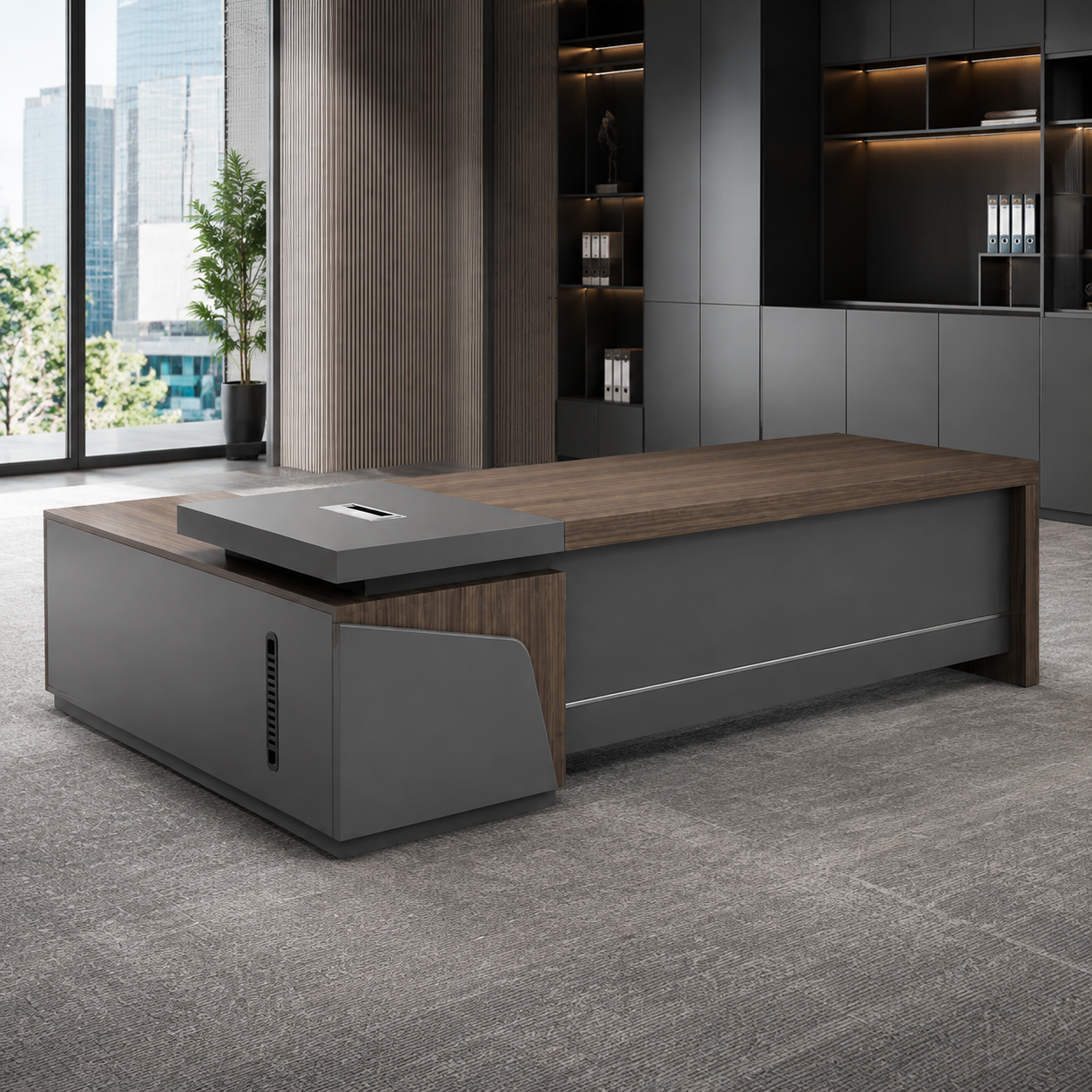 ED-042 L-shaped executive office desk in deep grey, bright office scene, three-quarter view