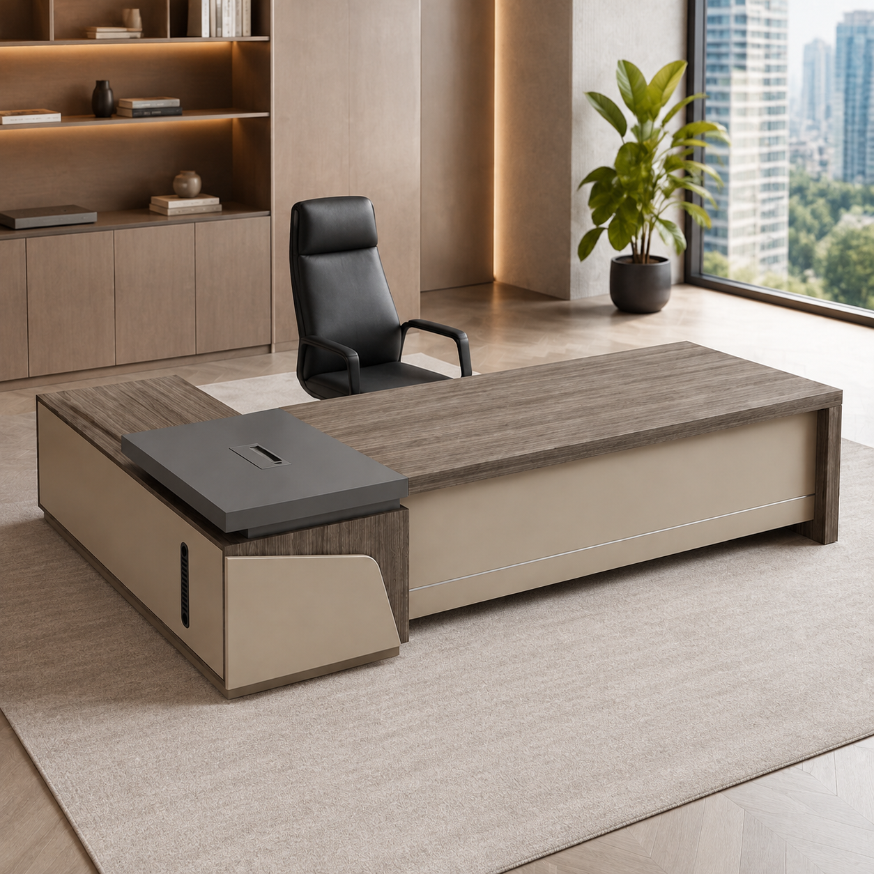 ED-042 L-shaped executive office desk in khaki, bright office scene, alternate three-quarter view