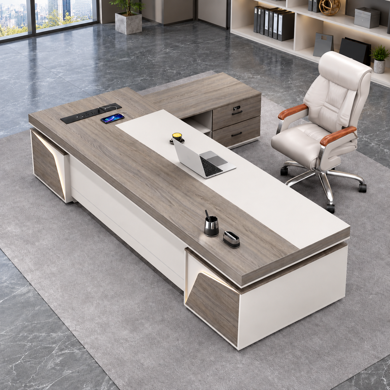ED-043 L-shaped executive office desk in khaki, bright office scene